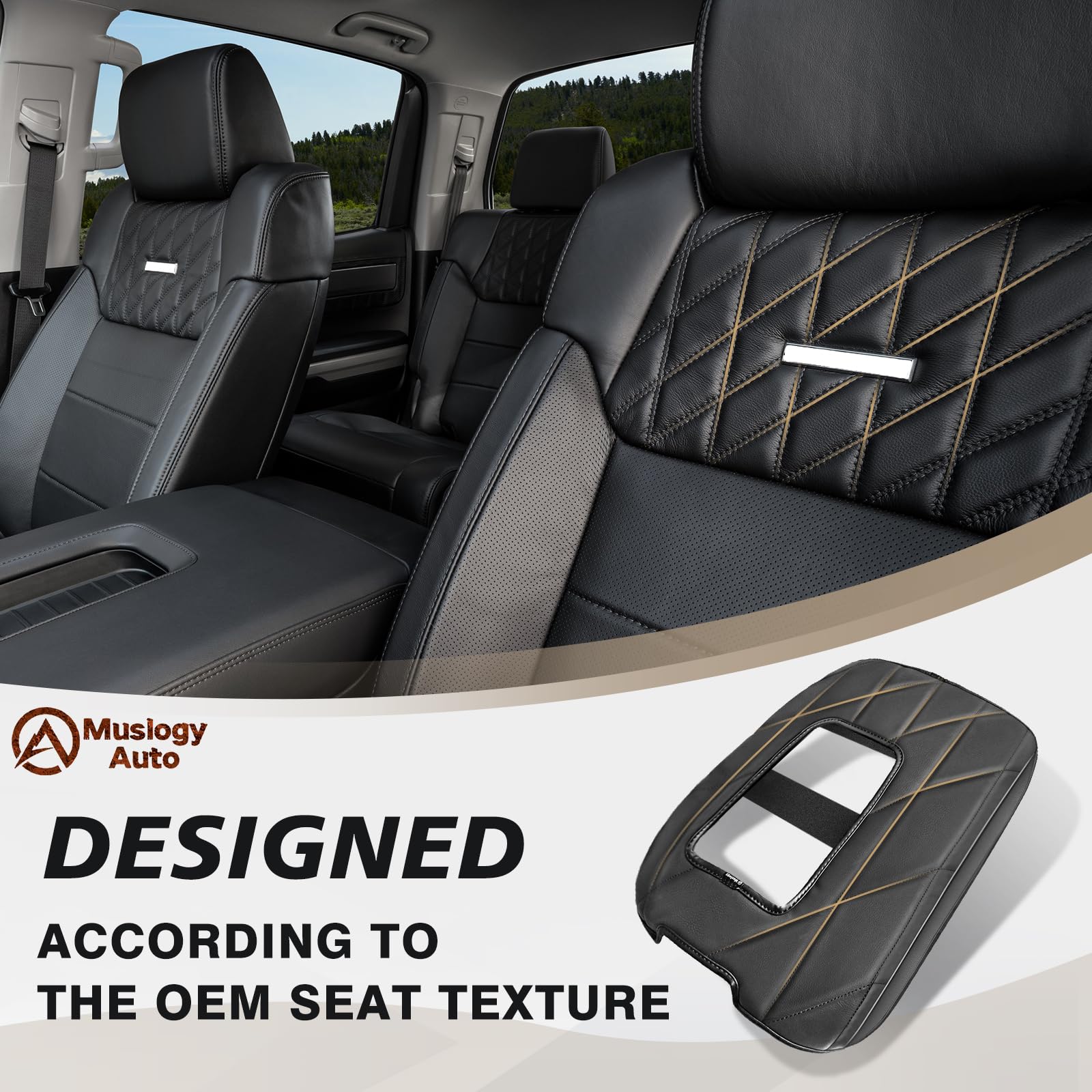 Muslogy Center Console Armrest Cover for Toyota Tundra 2014-2021, Regular Thick Vegan Leather, Bucket Seat Only, Model MUS-ACEXTRA-40B