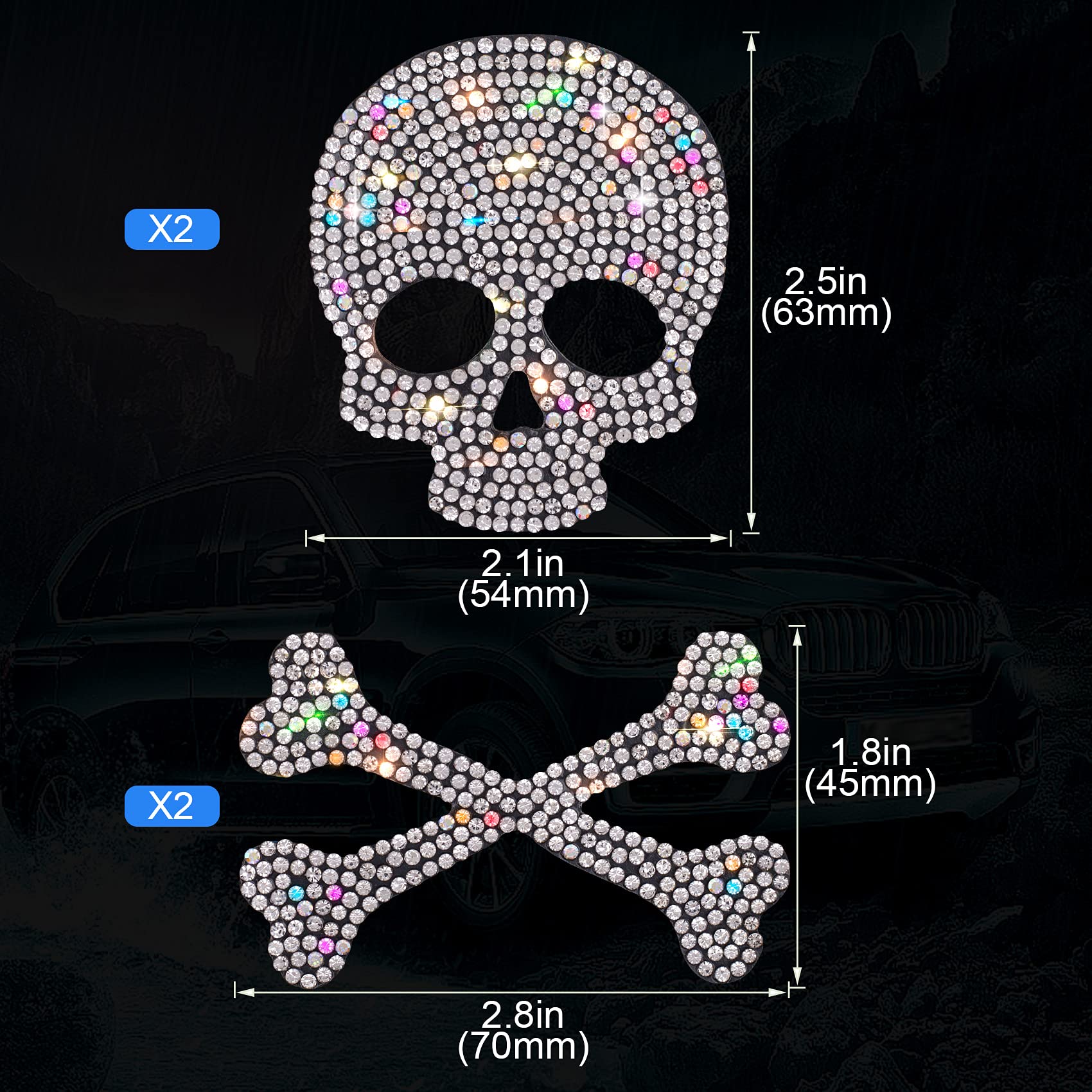 OIIKI Skull and Bone Bling Car Decals - Rhinestone Stickers for Car, Motorcycle, Helmet, Tumbler, Luggage - Model OK2917 - Crystal Decor