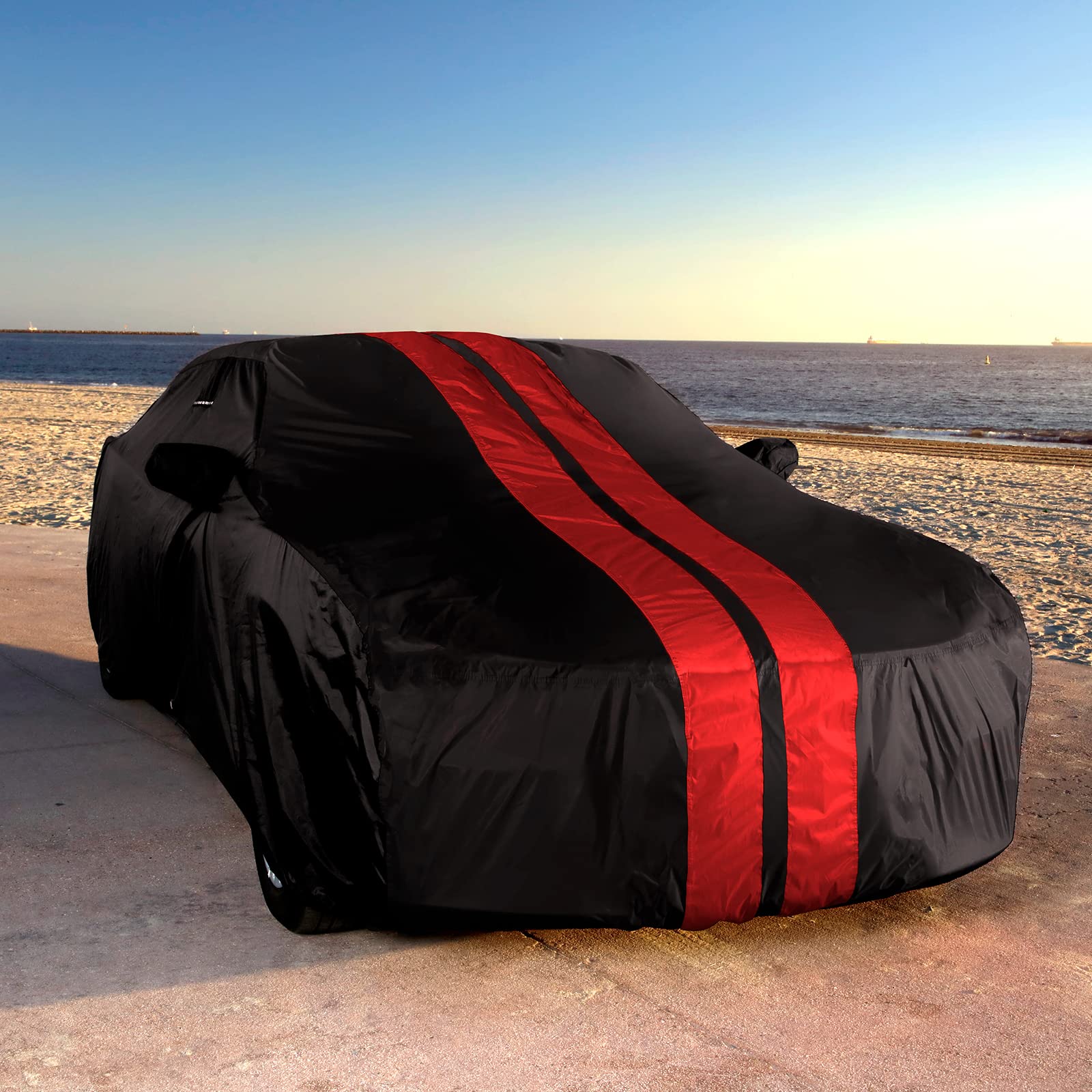 iCarCover Custom Car Cover for 2020-2025 Toyota GR Supra, Waterproof, All Weather, Stripe (Black/Red), WeatherTex, 68 inches