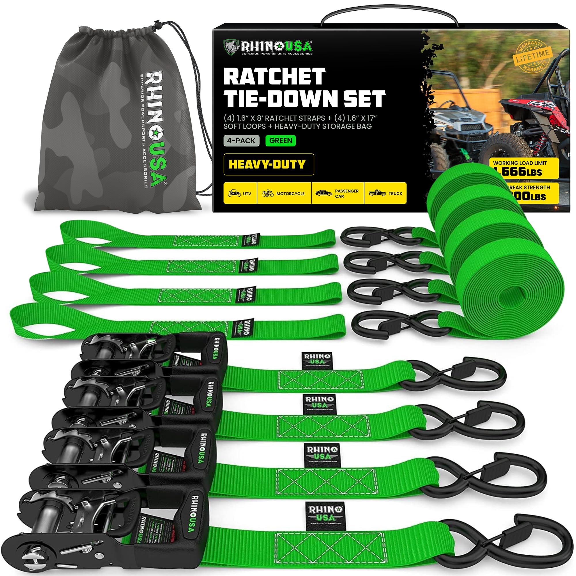 Rhino Usa Ratchet Straps Heavy Duty Kit (4-Pack) - 1.6 Inch X 8 Feet (5,208Lb Break Strength) - Ultimate Tie Down Straps With Sa