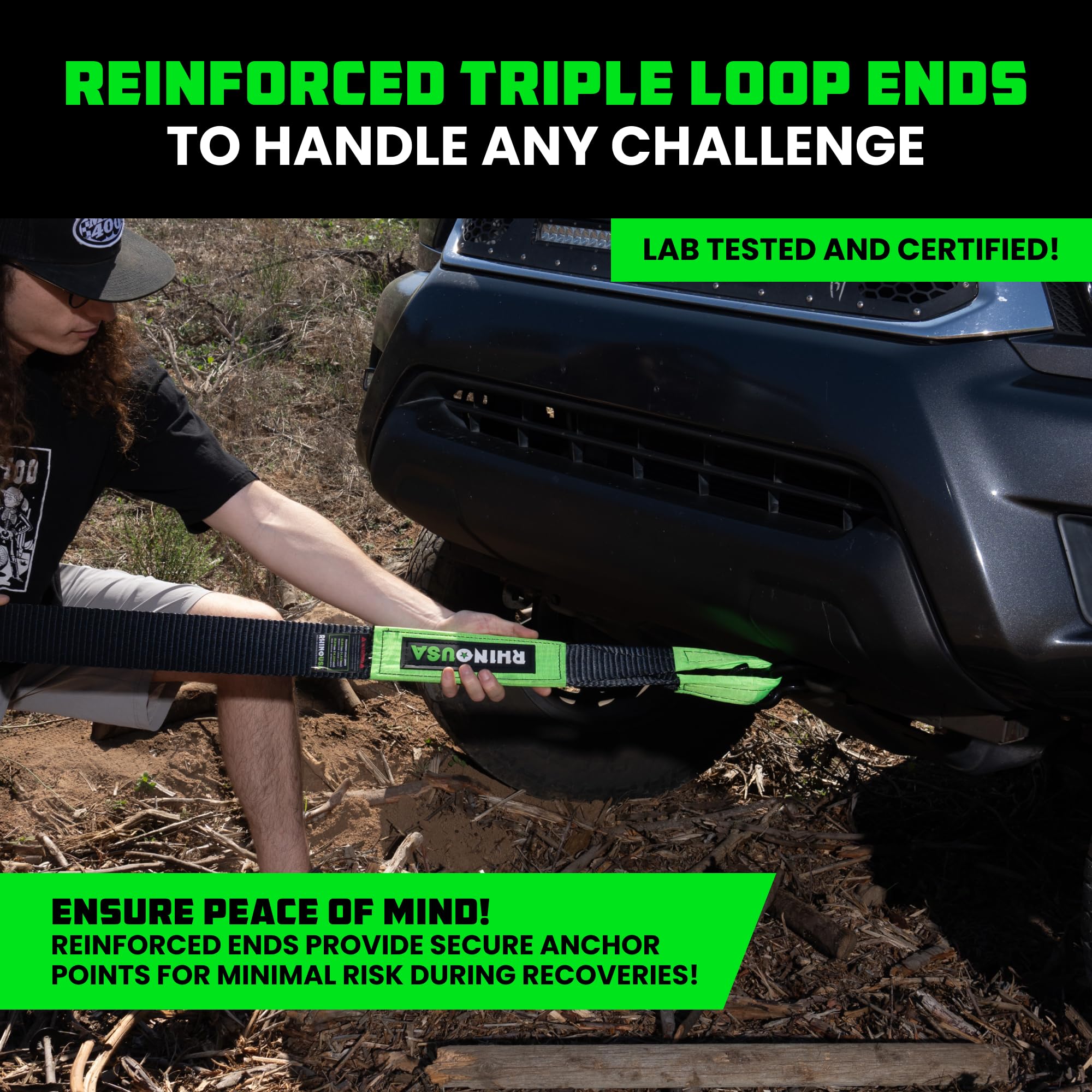 Rhino USA Recovery Tow Strap (3'' x 20') - 31,518lb Break Strength - Emergency Recovery Strap Tow Rope for Truck, UTV, ATV & Mor