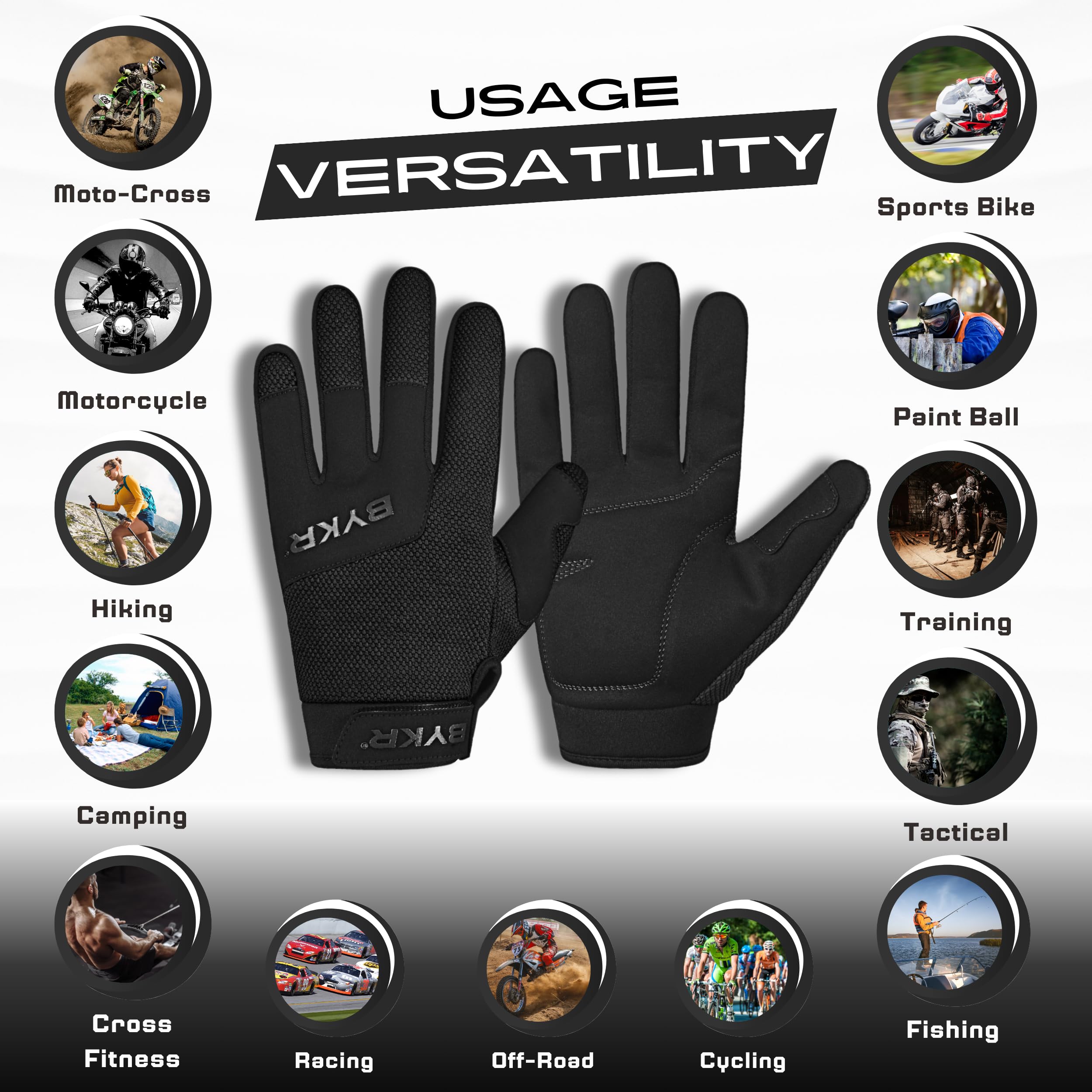 Bykr All-Weather Motorcycle Gloves For Men & Women - Protection For Dirt Bike, Bmx, Mx, And Atv Riding - Black S