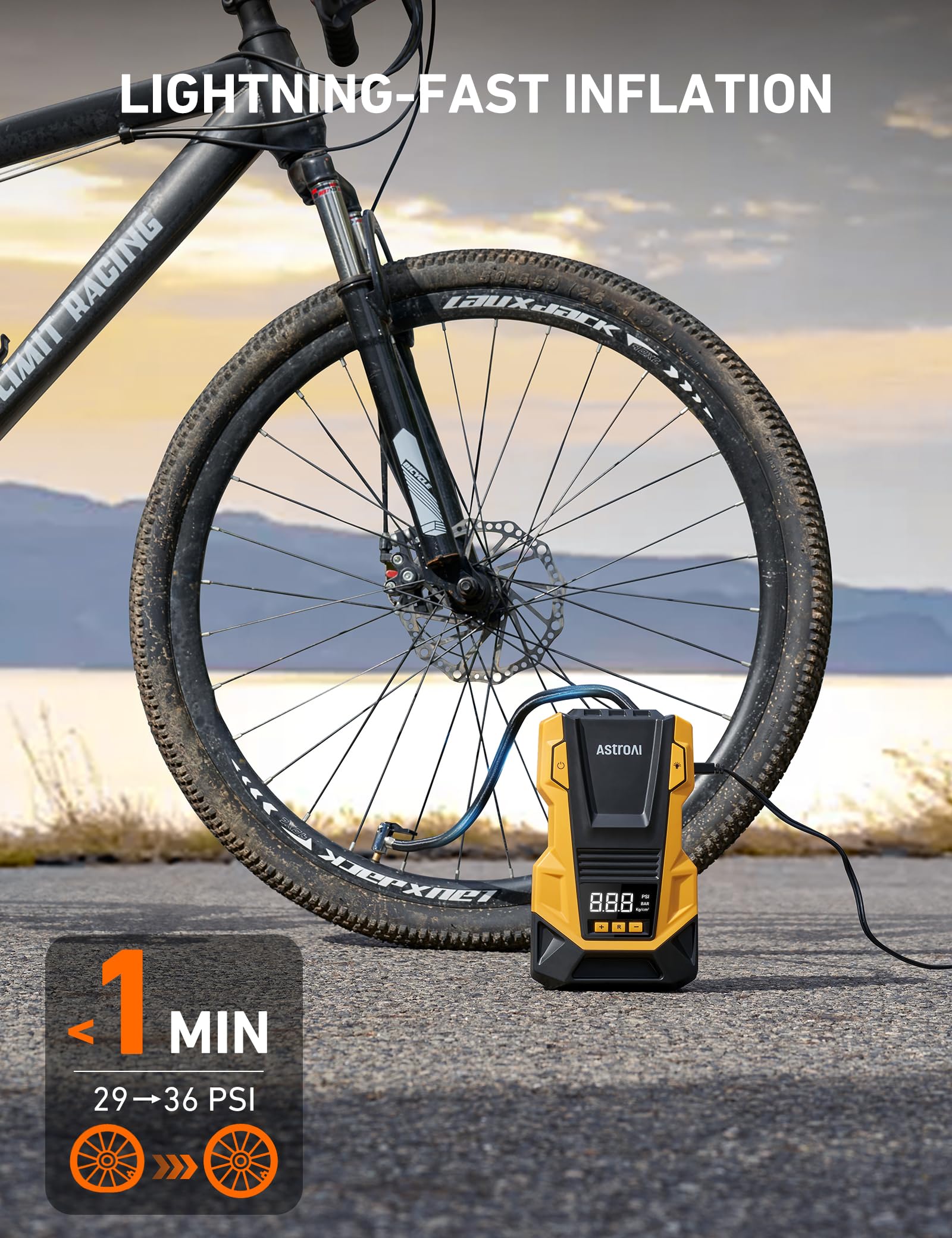 AstroAI Portable Air Compressor Tire Inflator 150PSI with LED Light - Yellow for Cars, Balls, Motorcycles, and Inflatables