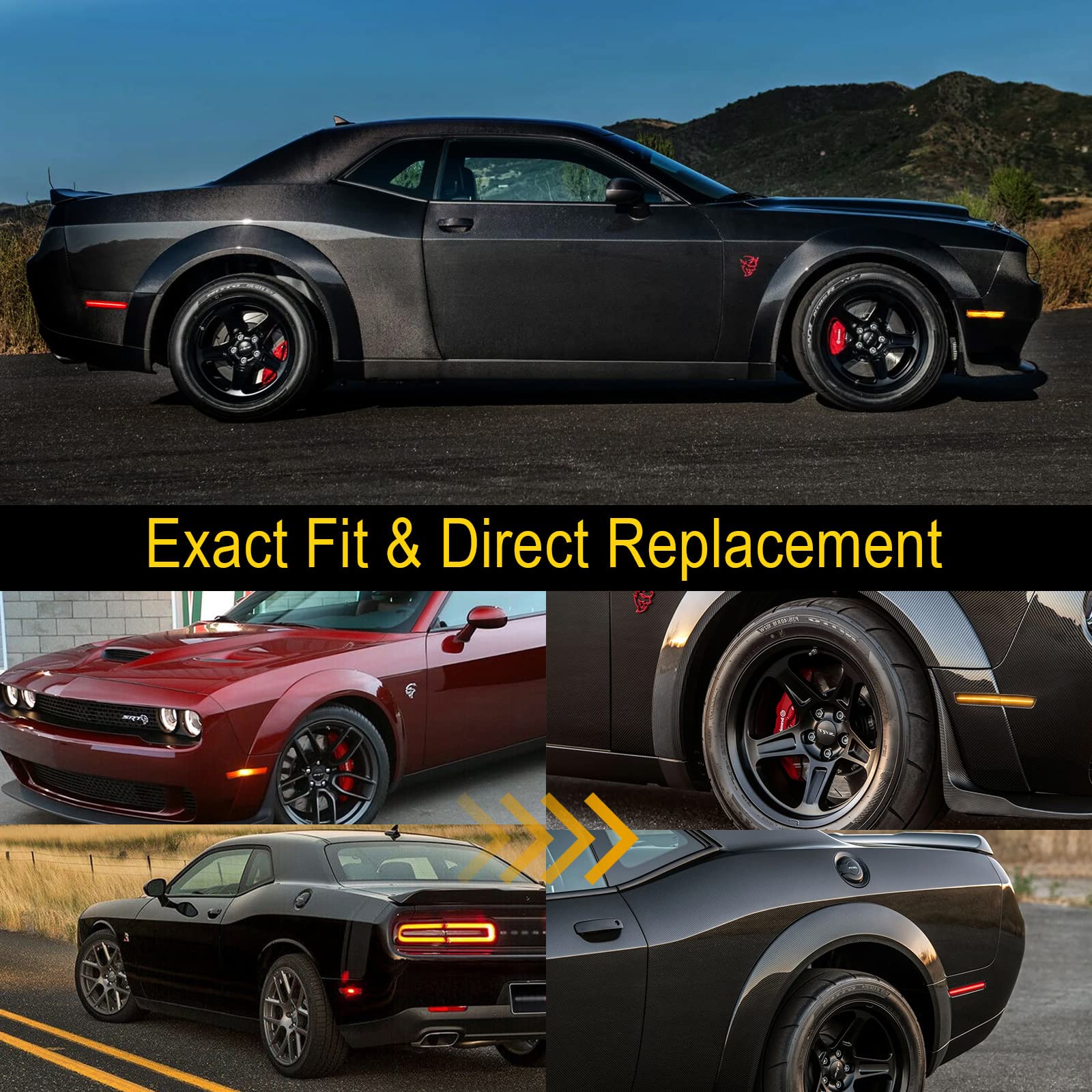 R&F Auto LED Side Marker Lights for 2018-2023 Challenger SRT Hellcat, R/T Scat Pack, Smoked Lens, Plastic, 4 PCS