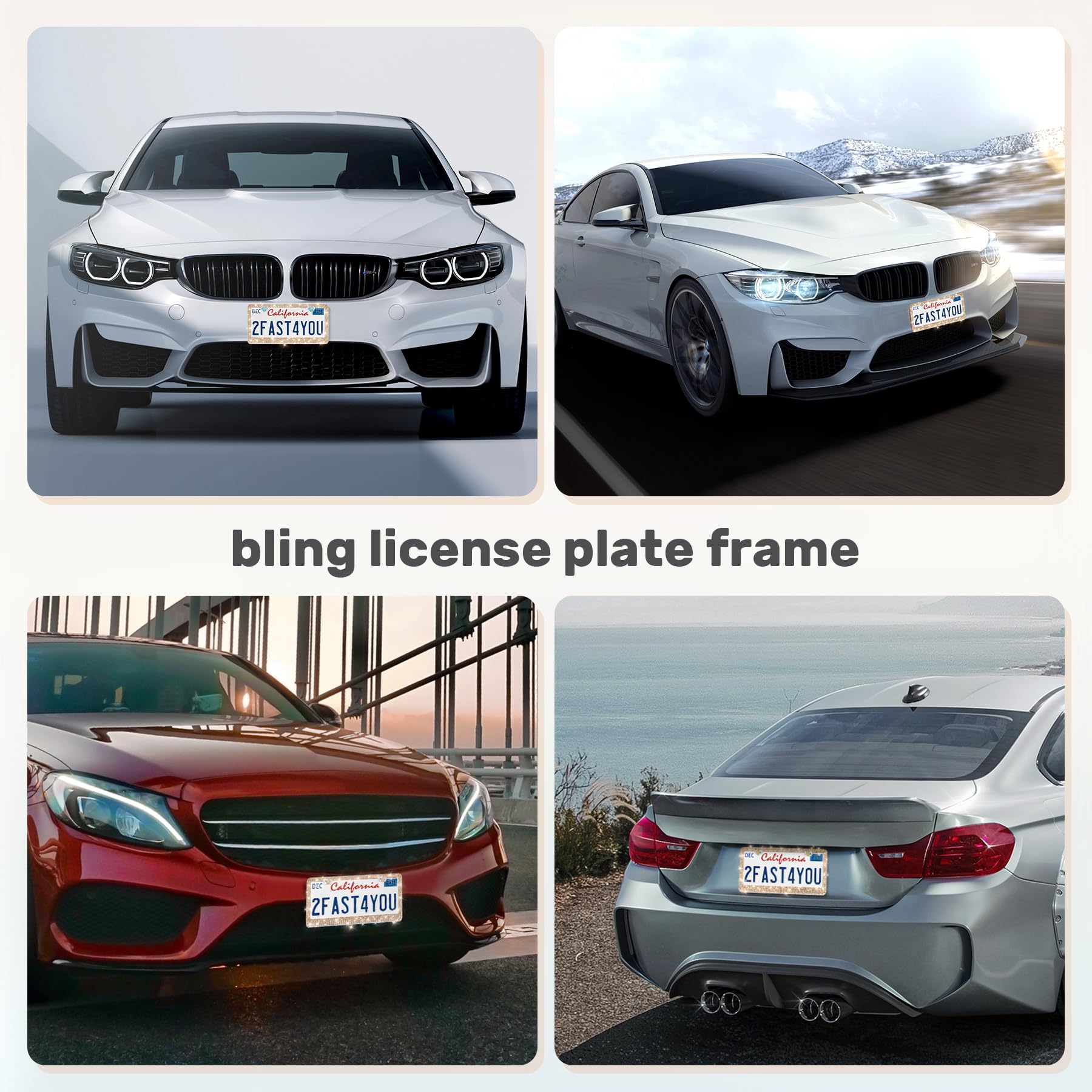 Quanqiufei 2 Pack Bling License Plate Frames, Sparkly Rhinestone Diamond Car License Plate Cover For Women, Stainless Steel Car