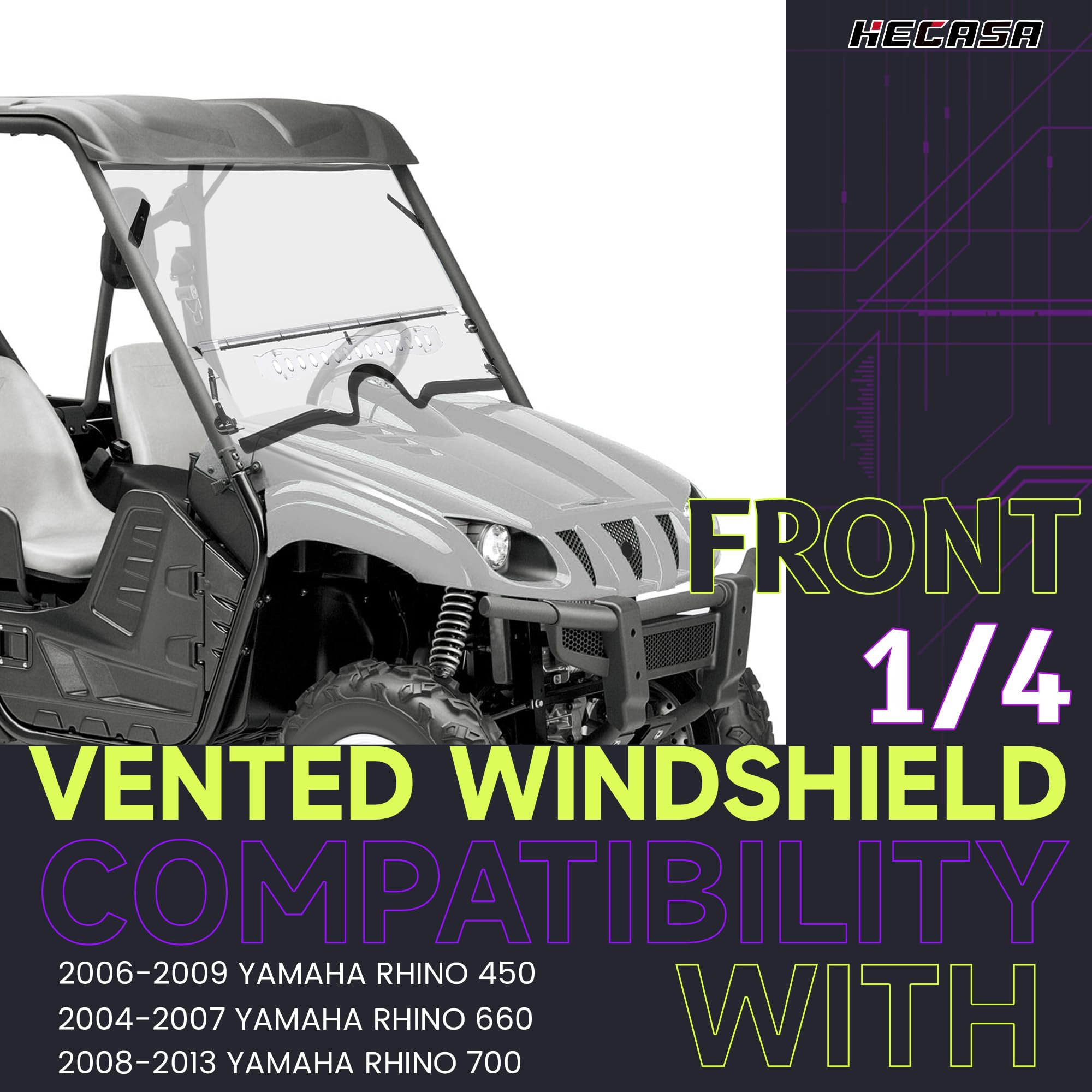 HECASA Windshield for 2004-2013 Yamaha Rhino 450 660 700, 1/4" Clear Vented Plastic, Model CB-2527