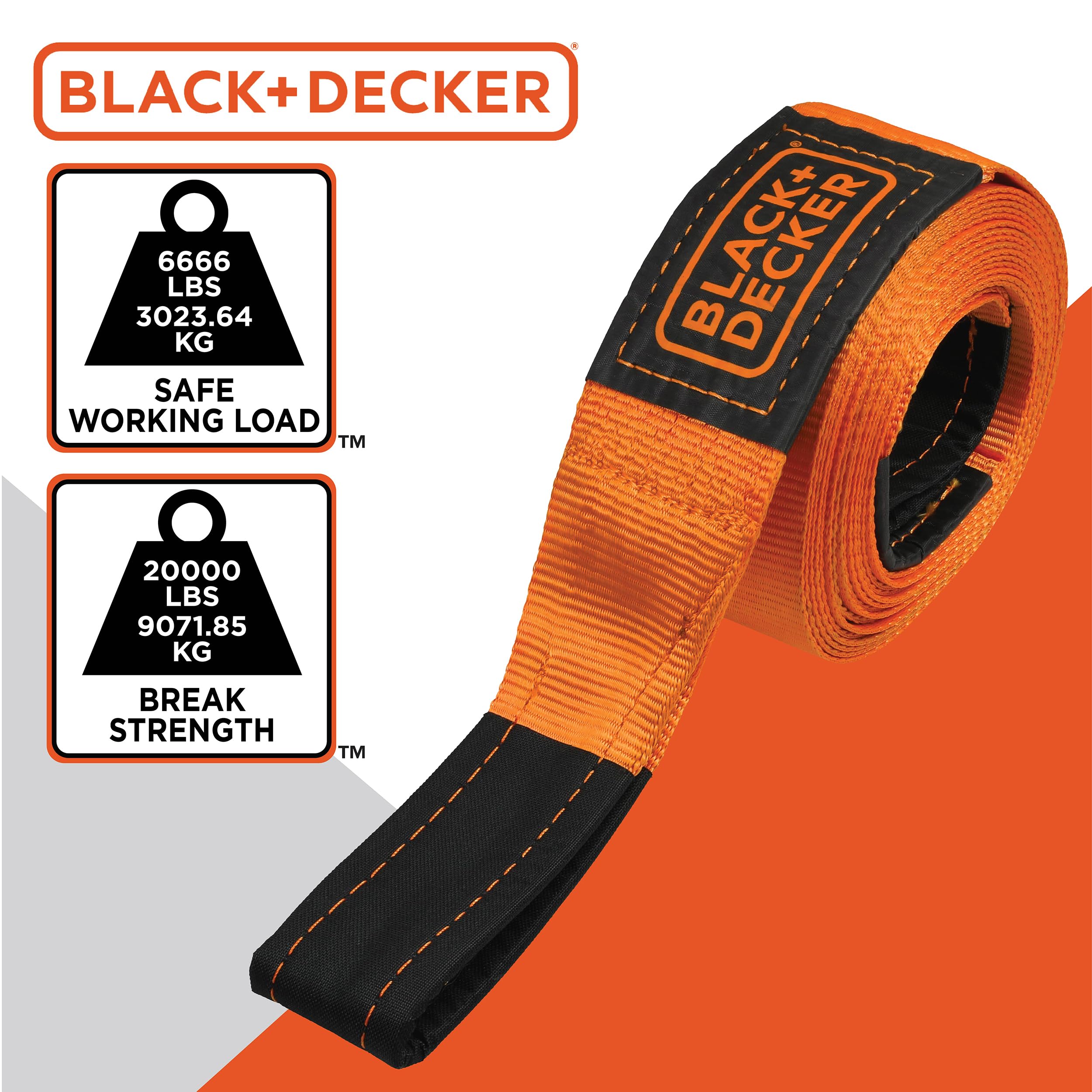 BLACK+DECKER BD1003 Black/Orange 4'' x 30' Recovery Strap - Heavy-Duty (20,000 lb Break Strength) for Emergency Off-Road 4x4 Tow