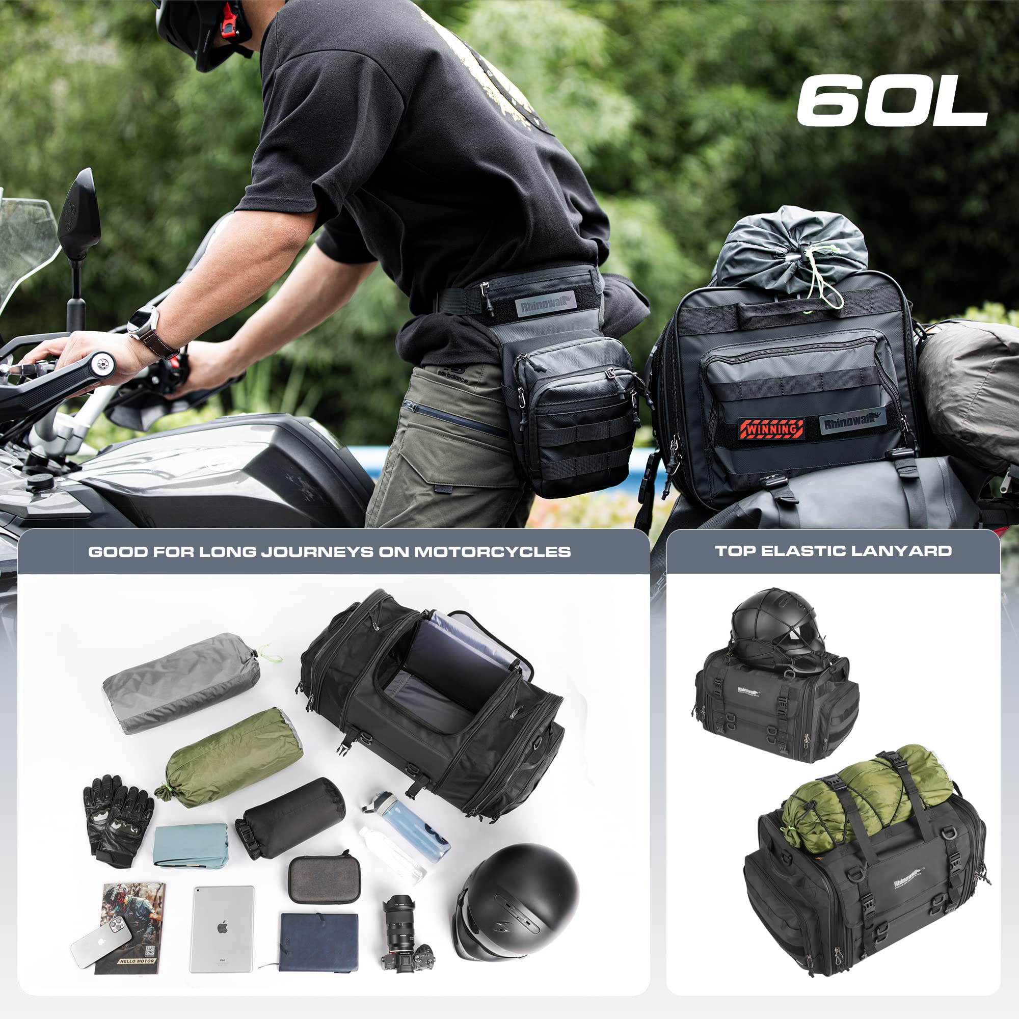 HUNTVP 40-60L Motorcycle Seat Bag Motorcycle Tail Bag Shoulder Bag Travel Luggage Bags Motorbike Rear Tack Truck Bag Storage Bag