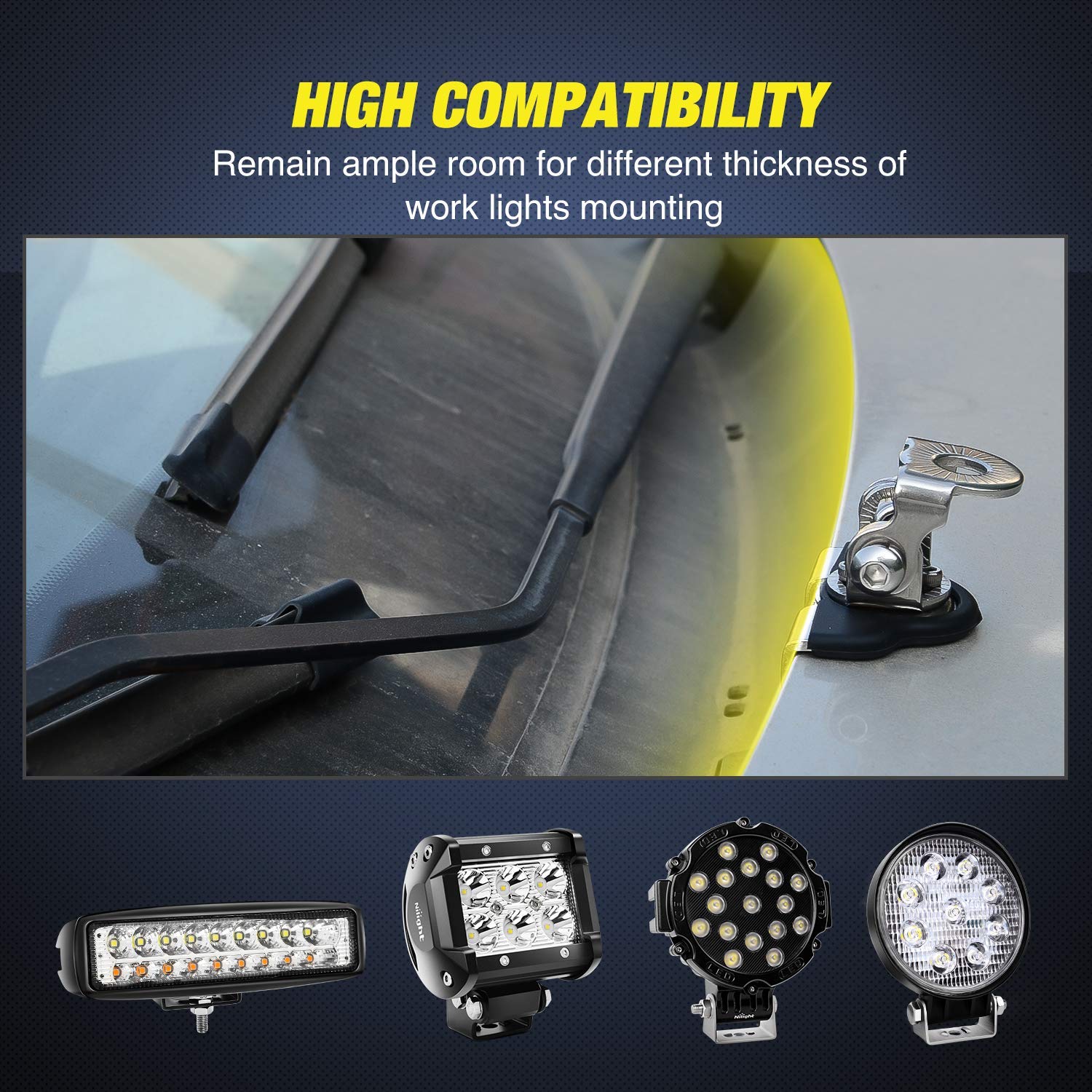 Led Light Bar Mounting Bracket, Nilight 2Pcs Universal Adjustable Pillar Hood Led Work Light Mount Bracket Clamp Holder For Off Road Jeep Truck Suv Installing Without Drilling, 2 Years Warranty