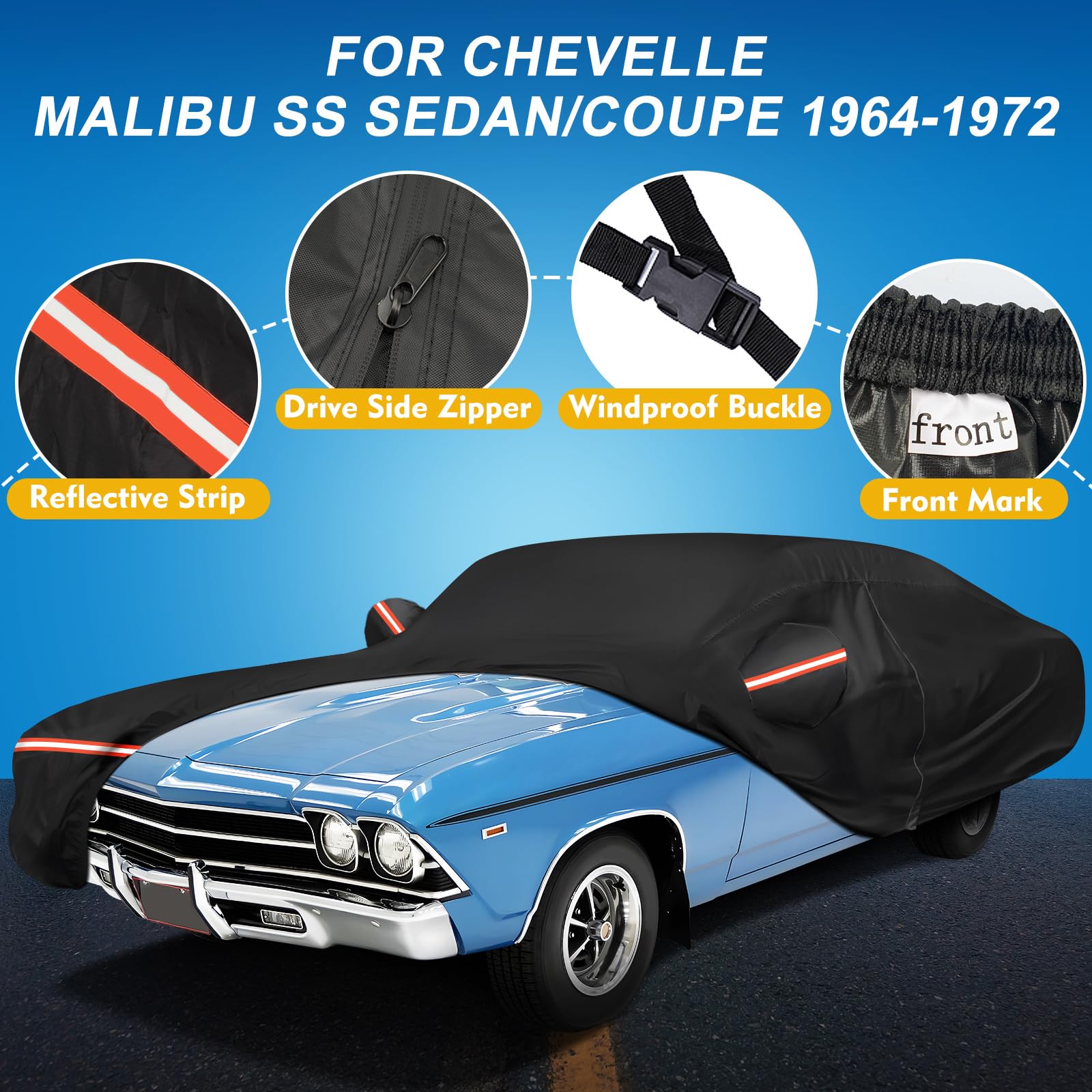 Q QUNSUNUS Waterproof Car Cover for Chevelle Malibu SS 1964-1972, All Weather Protection with Zipper, UV and Dust Shield