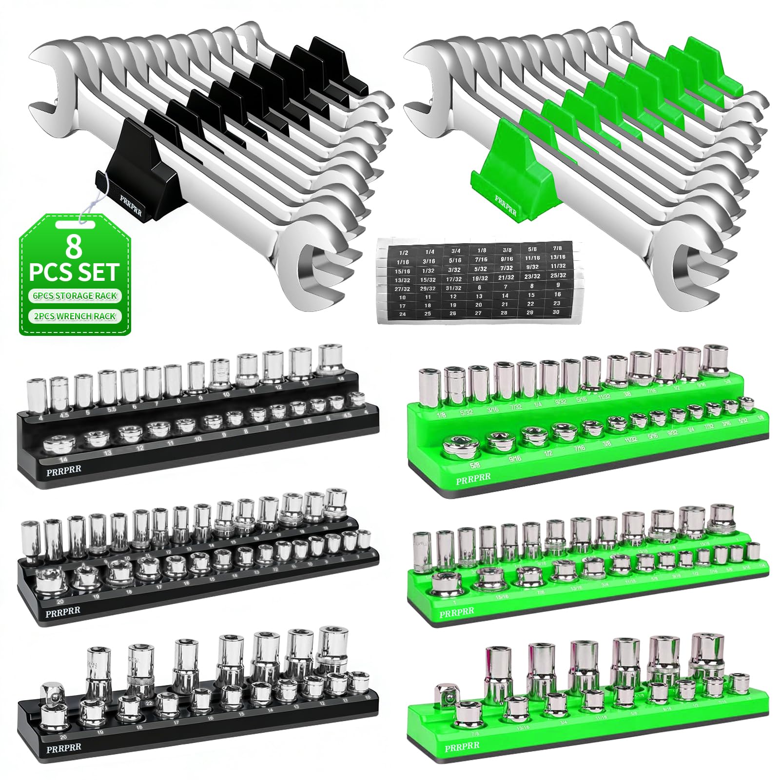 PRRPRR Magnetic Socket Organizer Set, 8PCS Socket Holder, 6 Socket Trays & 2 Wrench Racks, Metric & SAE Tool Box Organizer for 1