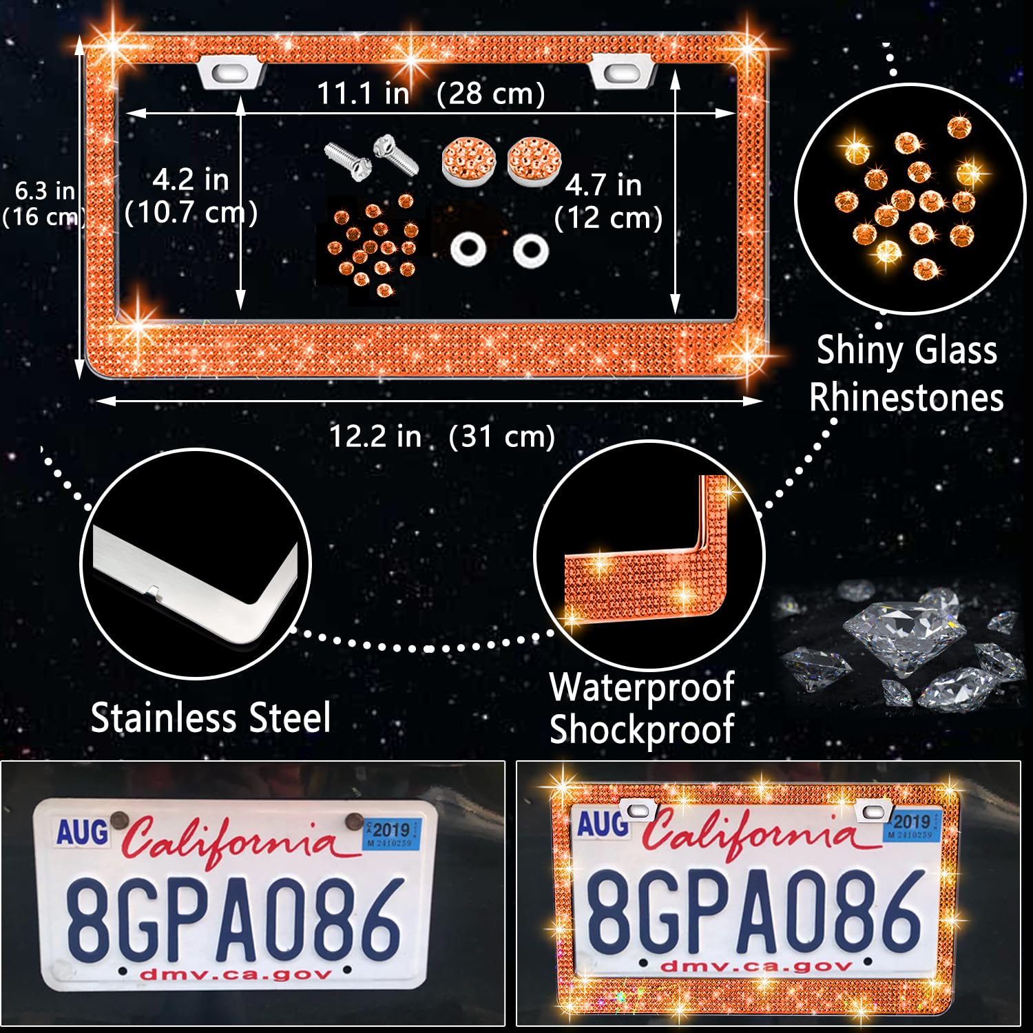 NBTEPEM 27 PCs Orange Bling Car Accessories Set, Universal 15" Steering Wheel Covers, Bling License Plate Frame, Phone Holder, Coasters