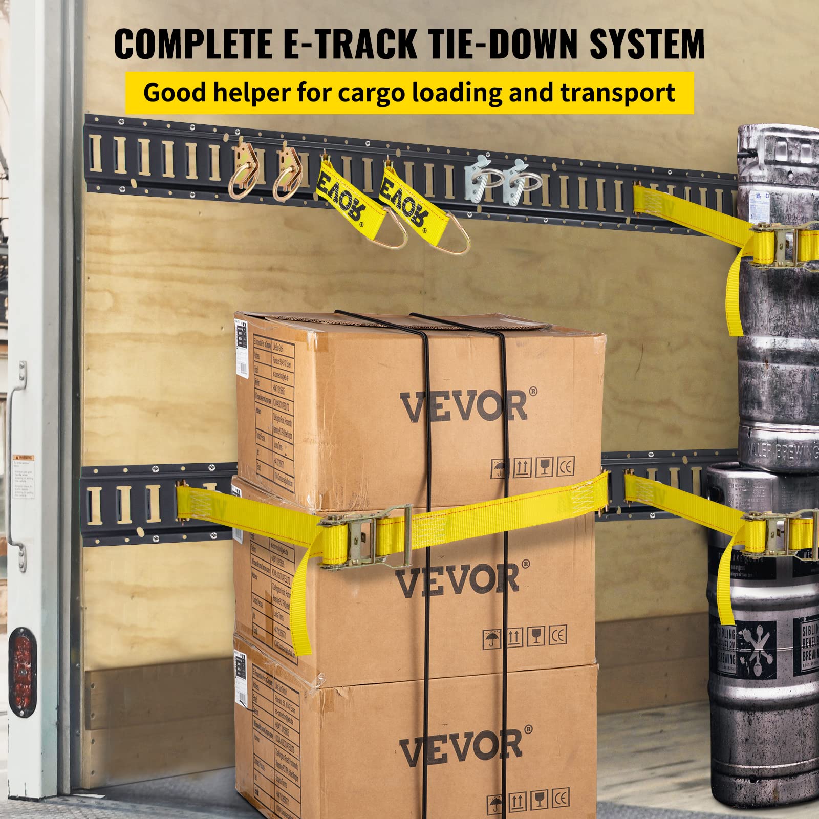 Vevor E-Track Tie-Down Rail Kit, 5' E Tracks Set, 18Pcs Includes 4 Steel Rails & 2 Single Slots & 6 O-Rings & 4 Tie-Offs W/D-Ring & 2 Ratchet Straps, Cargo Motorcycles Bikes Securing Accessories