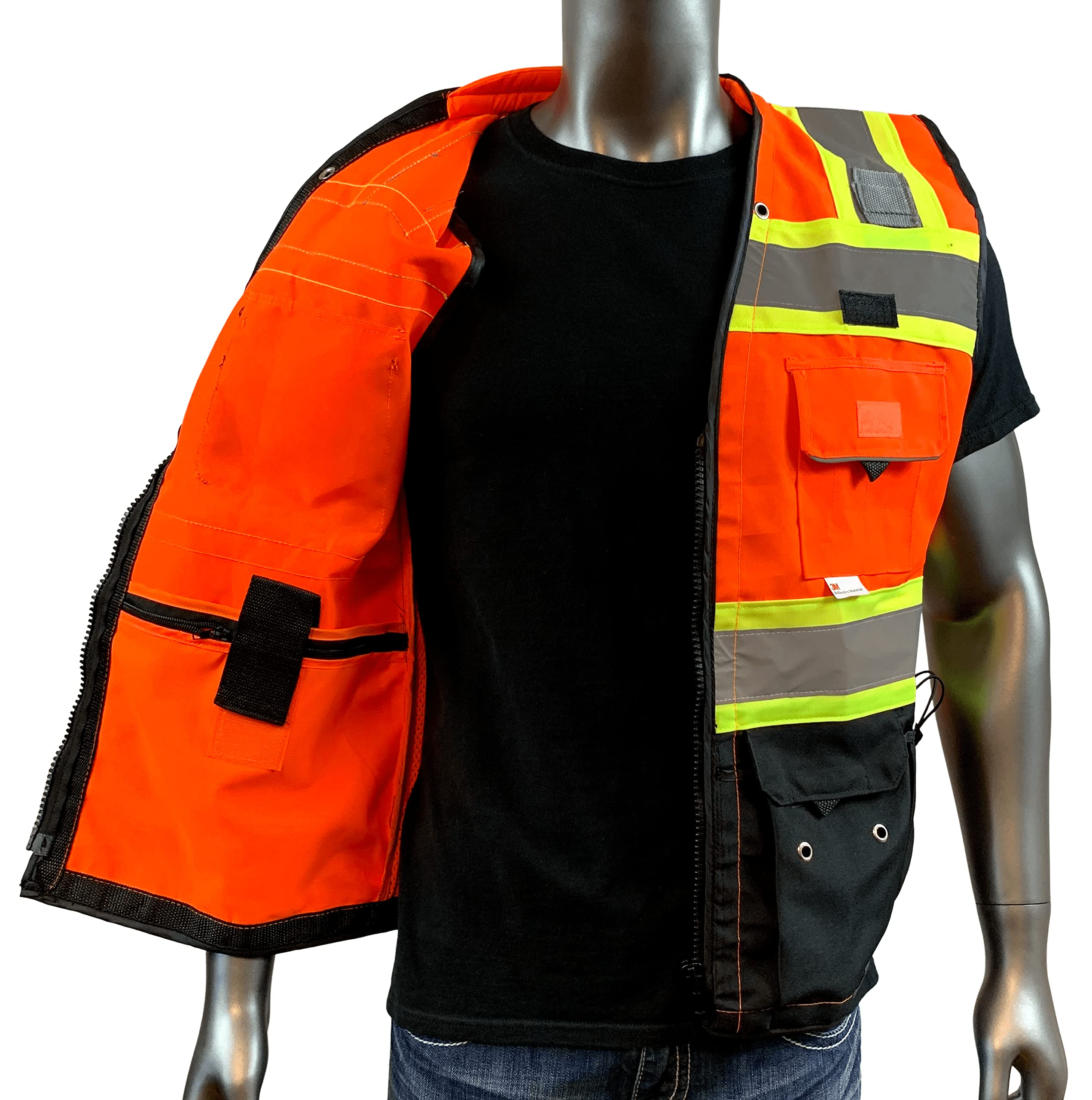 REXZUS Class 2 Safety Vest for Men, Medium, Orange/Black, Zipper & Utility Pockets, Premium Black Series