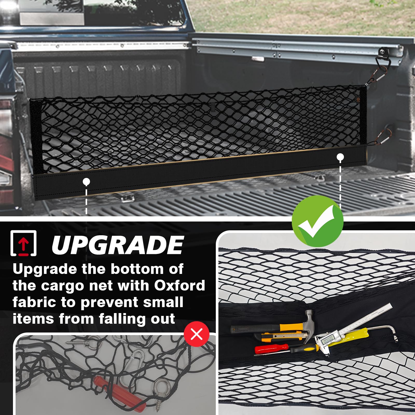 Muslogy Truck Bed Cargo Net for Nissan Titan 2017-2025, Black, Heavy Duty with Carabiners, Envelope Style Storage Organizer