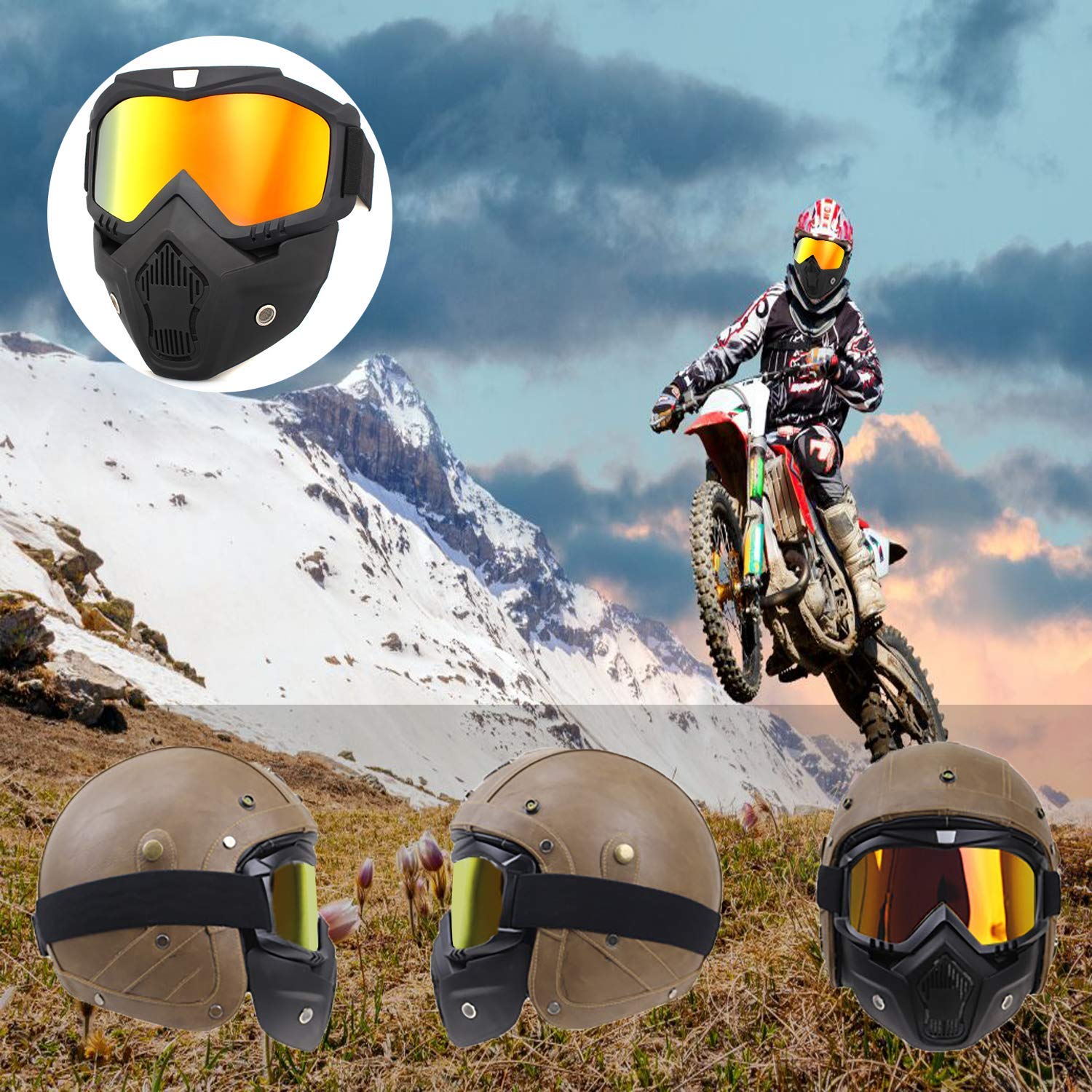 Ljdj Motorcycle Goggles With Removable Face Mask - Dirt Bike Atv Motocross Eyewear Anti-Uv Adjustable Mx Riding Offroad Cycling