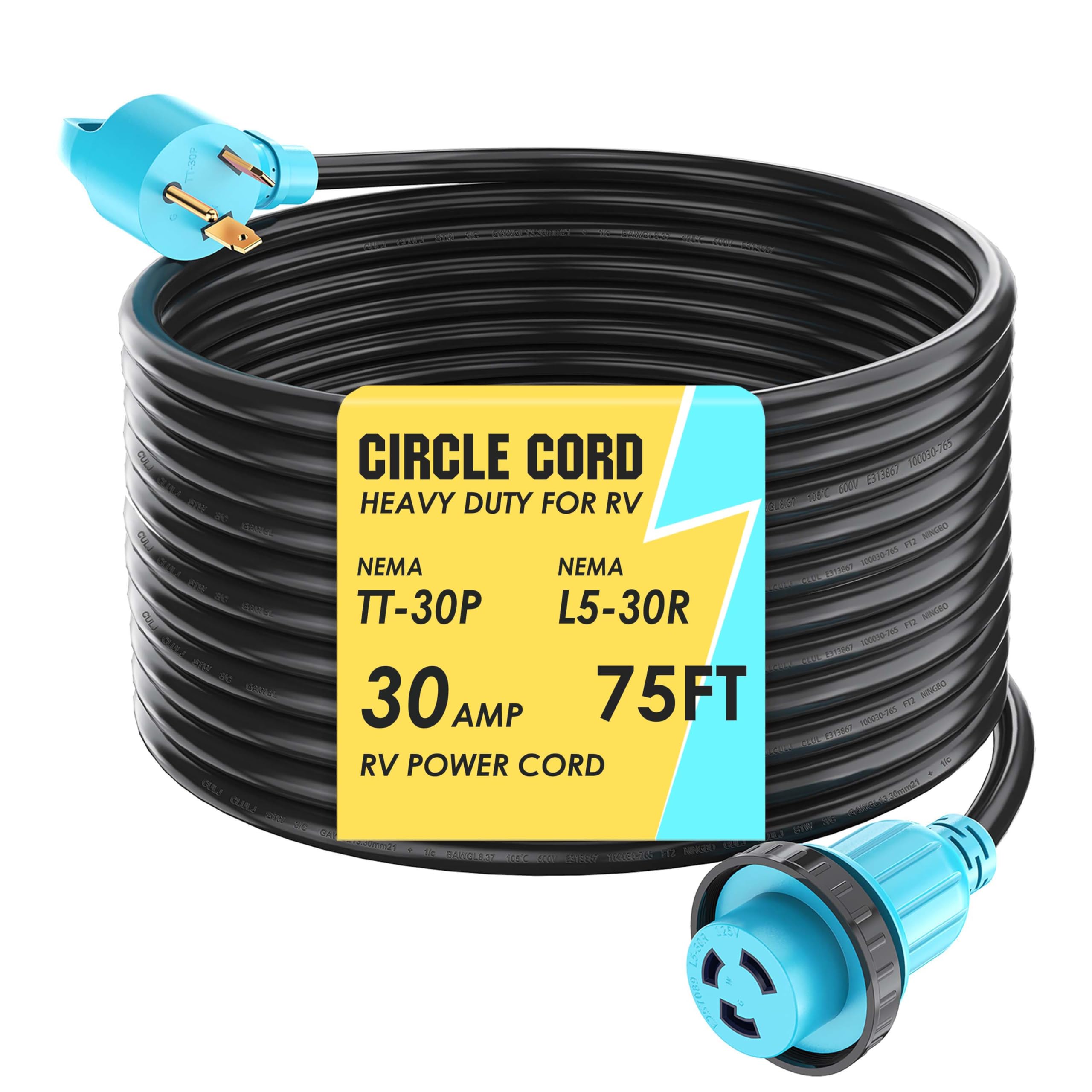 Circlecord 30 Amp 75 Feet Rv Power Cord Twist Locking, Heavy Duty 10 Gauge 3 Wire Stw Pure Copper Wire With Grip Handle, Tt-30P