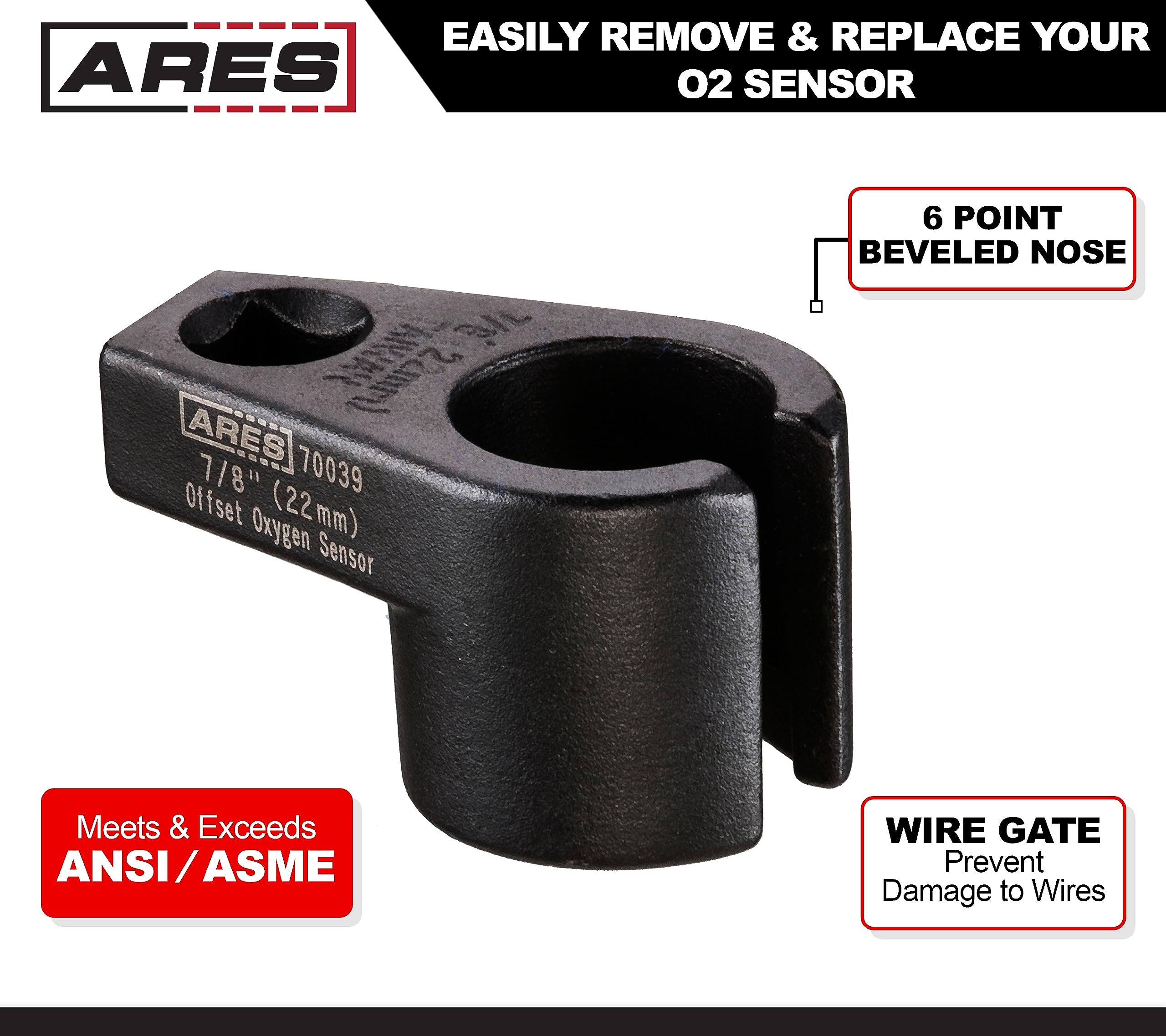 ARES 70039 Offset Oxygen Sensor Socket, 7/8-Inch (22mm), Alloy Steel, Black - Wire Gate Access for Safe Sensor Handling