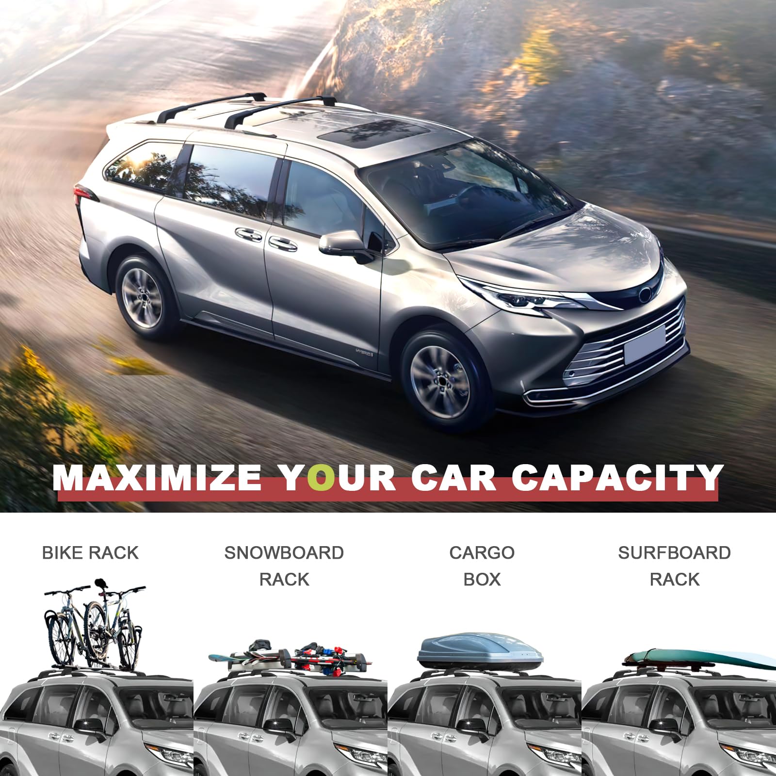 Kinggeri Lockable 220Lbs Roof Rack Cross Bars Compatible With Toyota Sienna 2021 2022 2023 2024 2025, Anti-Theft Aluminum Roof R