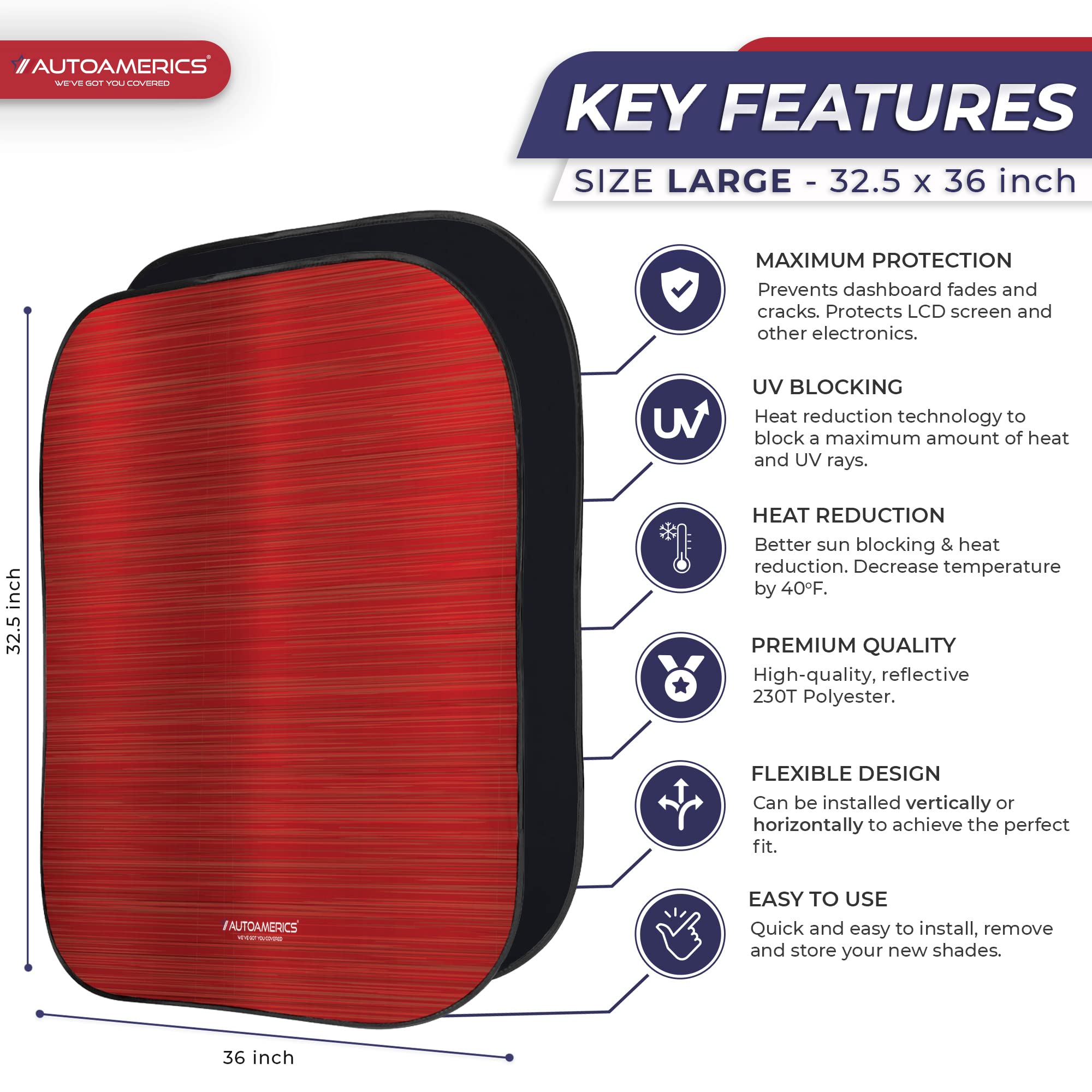Autoamerics 2-Piece Windshield Sun Shade - Metallic Red Foldable Car Front Window Sunshade for Most Cars SUV Truck - Heat Blocke