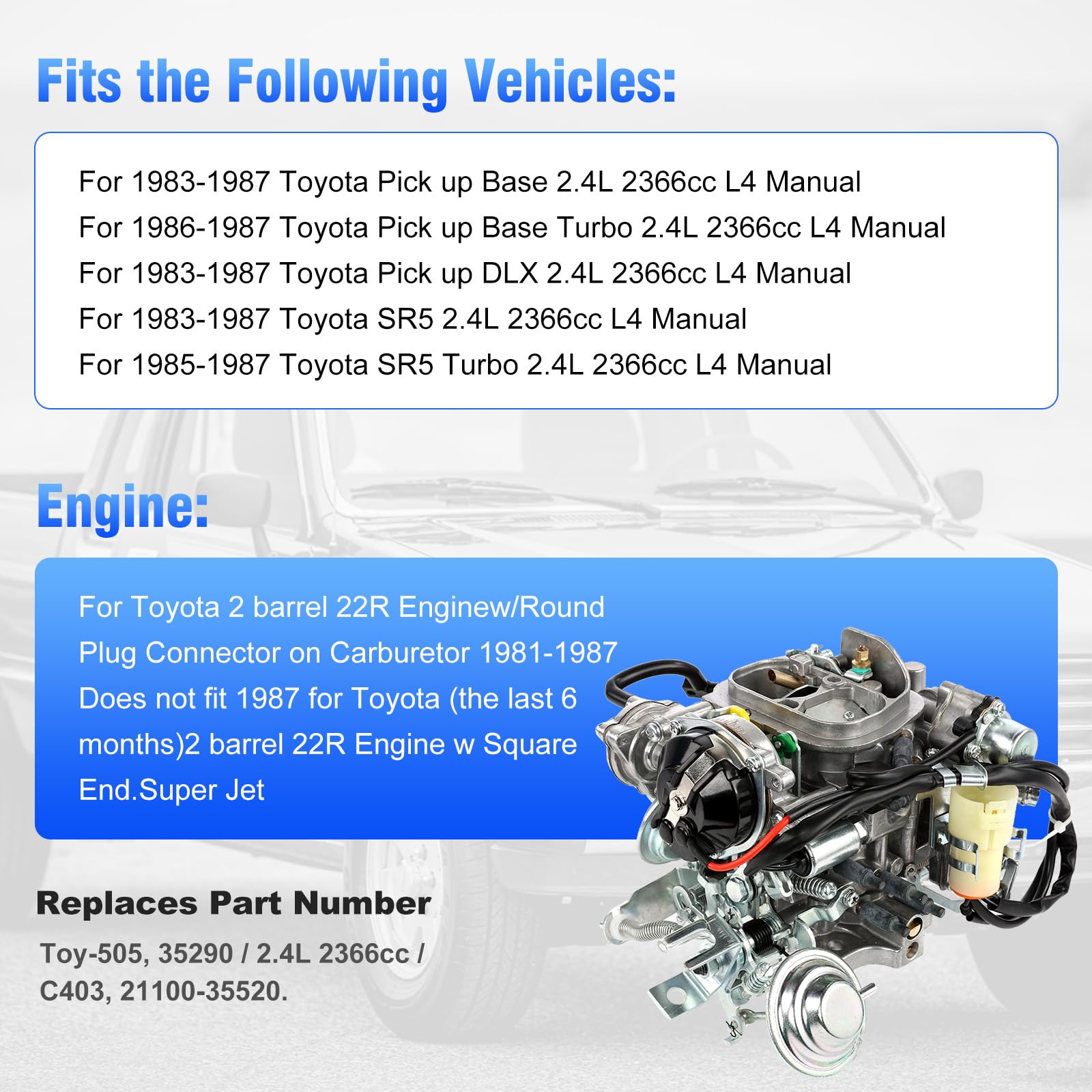 PARTOL 22R Carburetor for Toyota Pickup 1981-1987, Heavy Duty Zinc Alloy, Automatic Choke, TOY-505/507, 2.4L Engine