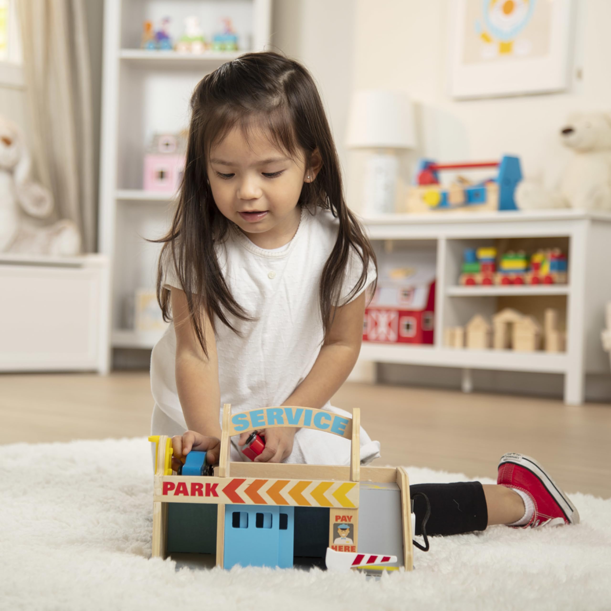 Melissa & Doug Service Station Parking Garage with 2 Wooden Cars, Drive-Thru Car Wash, One Size, Multi Color, Model 98050