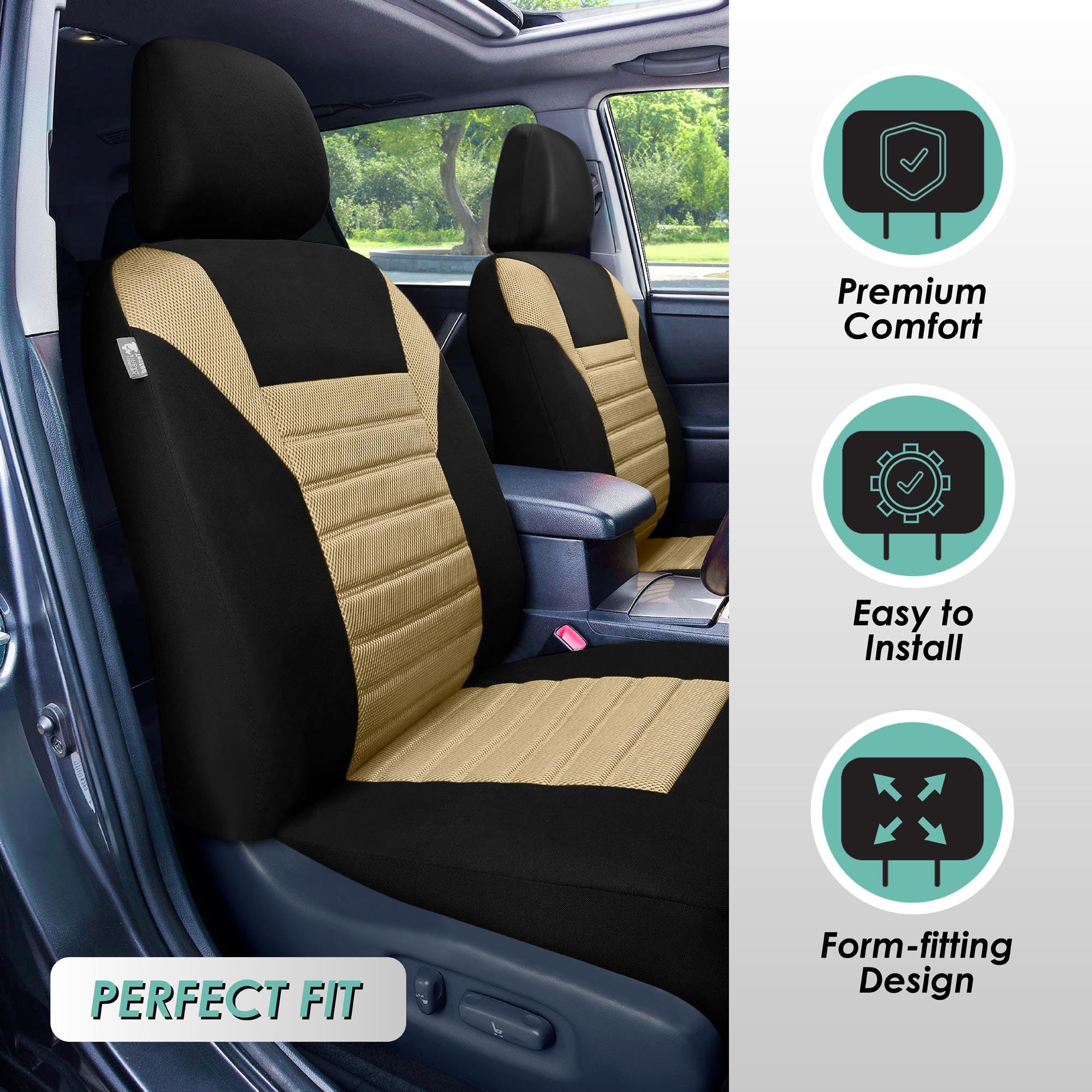 Fh Group Automotive Car Seat Covers Full Set Premium 3D Air Mesh Beige And Black Seat Covers, Airbag Compatible And Split Bench