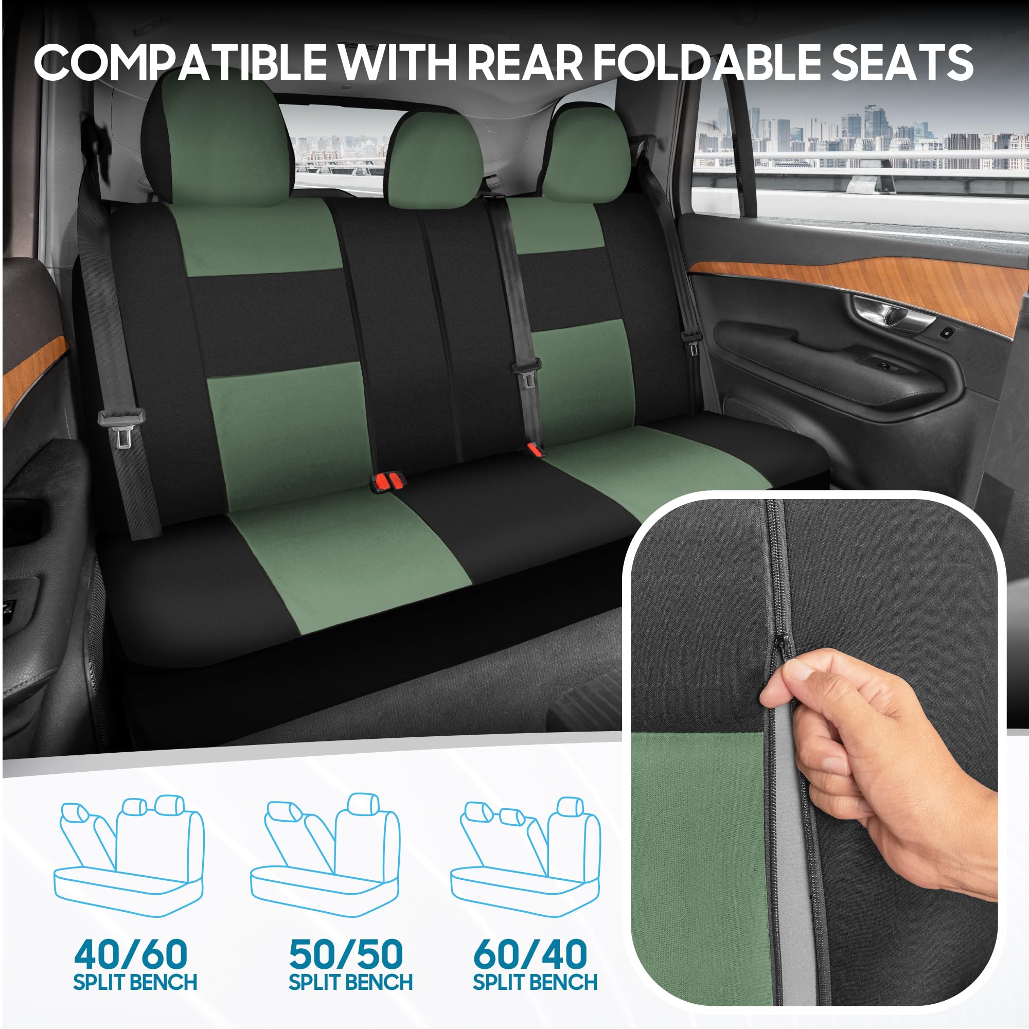 BDK PolyPro Car Seat Covers Full Set in Green on Black, Front and Rear Split Bench Seat Covers for Cars, Easy to Install Car Sea