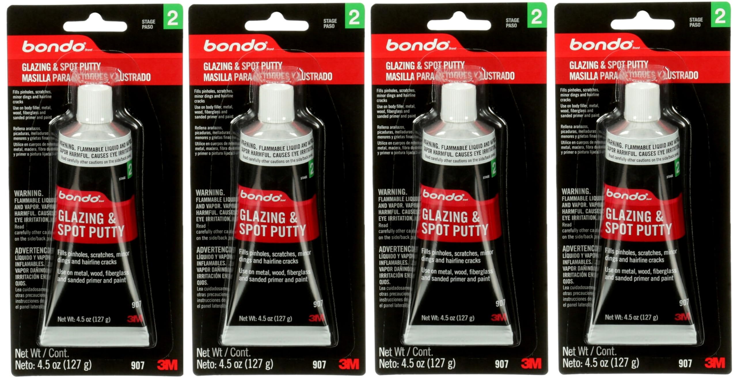 3M Bondo Glazing and Spot Putty, Fast-Drying, Non-Staining, 4.5 oz, Black, Ideal for Automotive Surface Repairs, 4 Pack