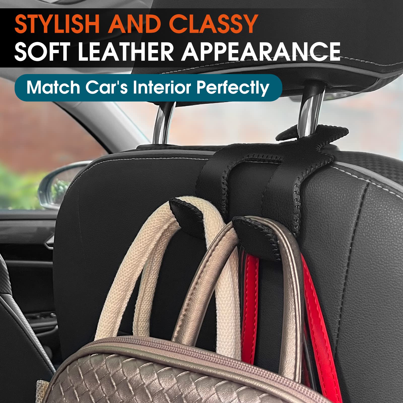 Lanvrion Car Headrest Hooks For Purses And Bags, Upgraded 2 In 1 Cars Back Seat Head Rest Hanger Vehicle Leather Organizer Stora