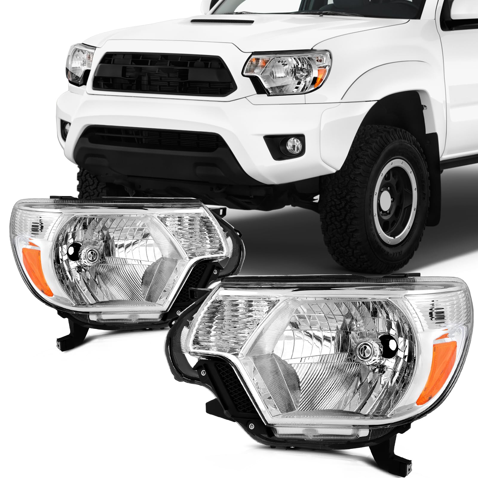 SCITOO Pair Headlight Assembly Compatible for Toyota Tacoma 2012-2015 chevy headlights Chrome Housing Amber Reflector Clear Lens