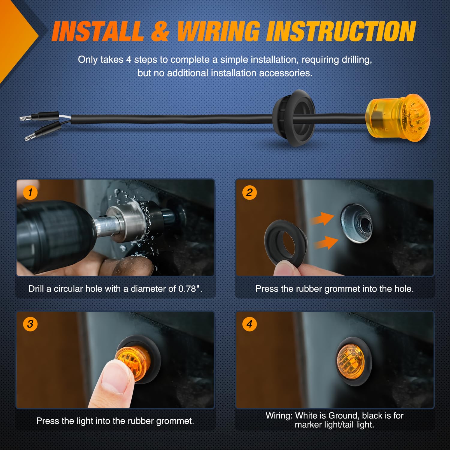 Nilight 3/4Inch Round Marker Light 10Pcs Amber Led Clearance 2 Connectors Side Indicator Bullet Lights Ip68 Waterproof For Trail