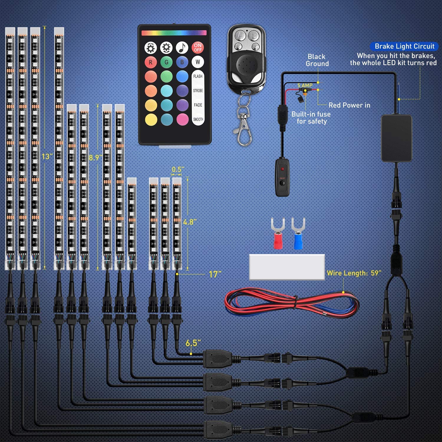 Nilight - TL-35 12PCS Motorcycle RGB Led Light Kit Waterproof Multi-Color Atmosphere Lights Lamp with Dual RF Wireless Remote Co