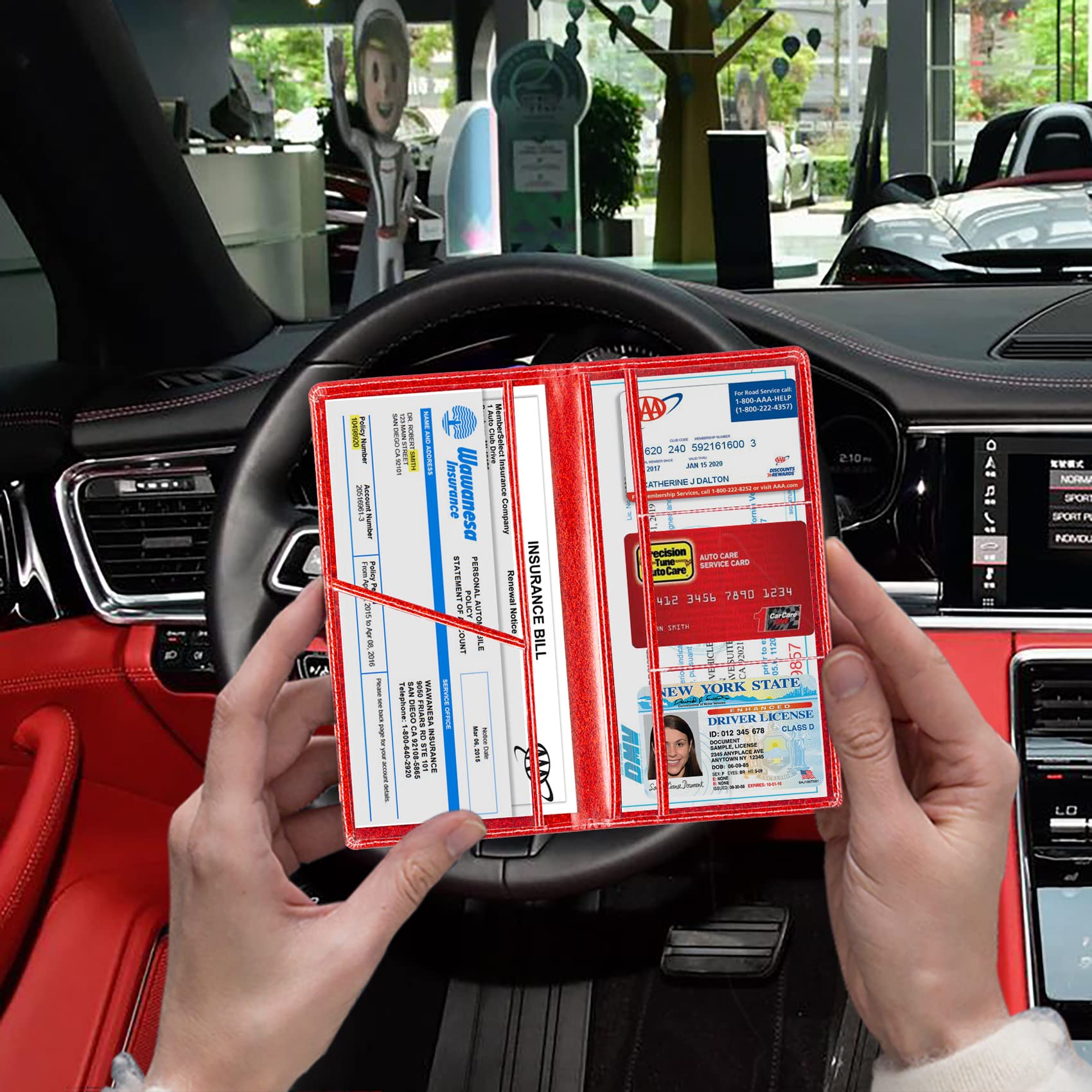 TOURSUIT Car Registration & Insurance Card Holder, Faux Leather, Glitter Red, Model CR01, Organizer for Vehicle Documents