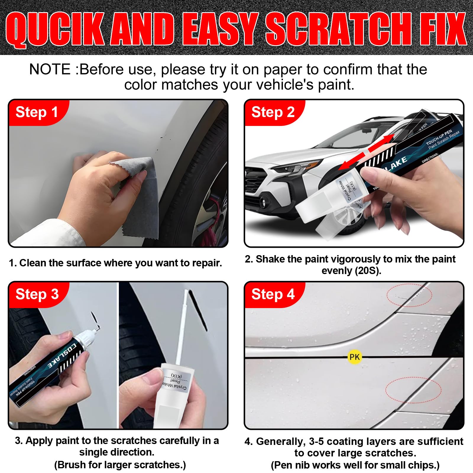 COSLAKE Car Touch Up Paint Scratch Repair Kit - Ice Silver Metallic (G1U), 0.41 Fl Oz, Quick & Easy 2-in-1 Solution for Subaru