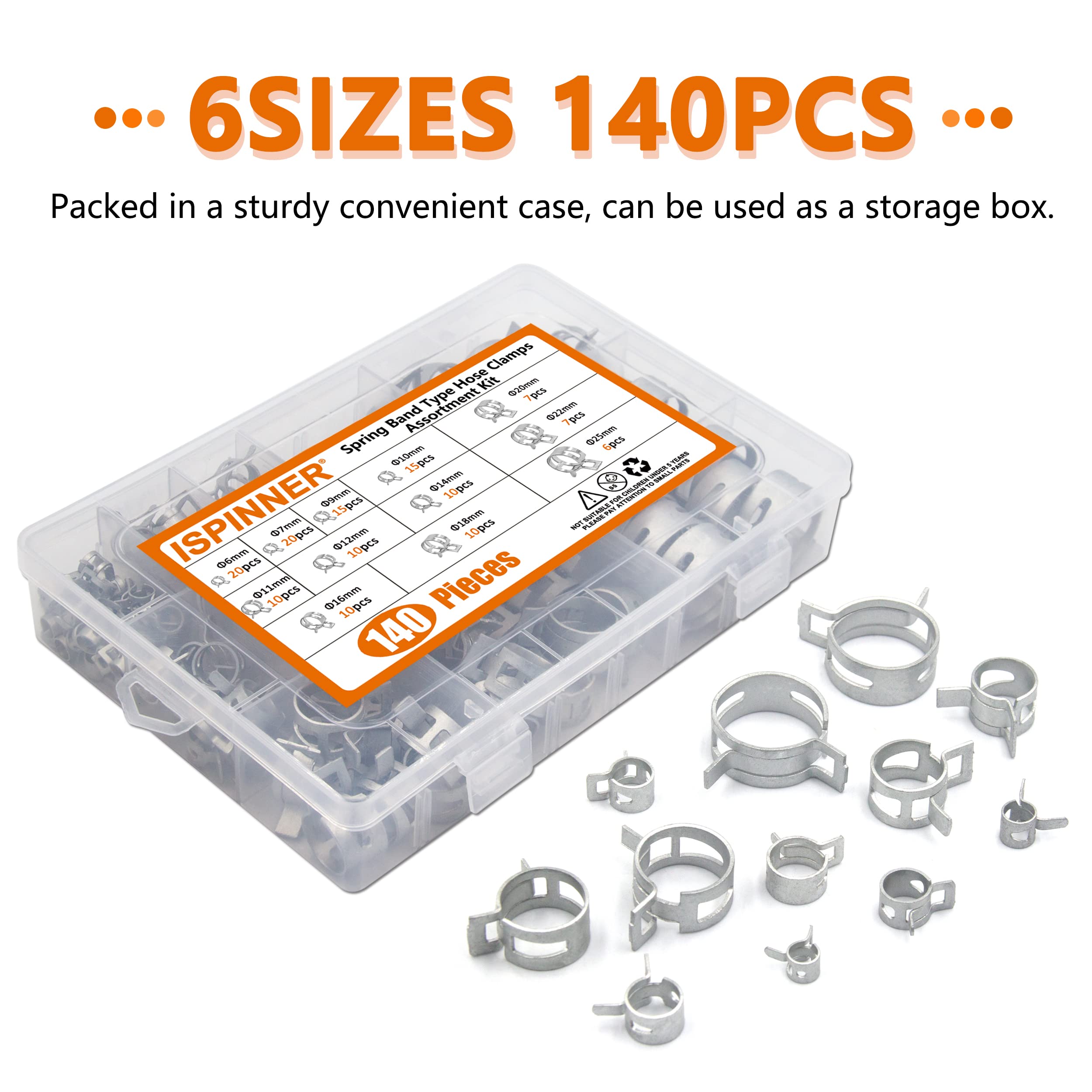 Ispinner 140Pcs 6-25Mm Spring Band Type Fuel Line Silicone Vacuum Hose Pipe Clamp, 12 Sizes Low Pressure Air Clip Clamp