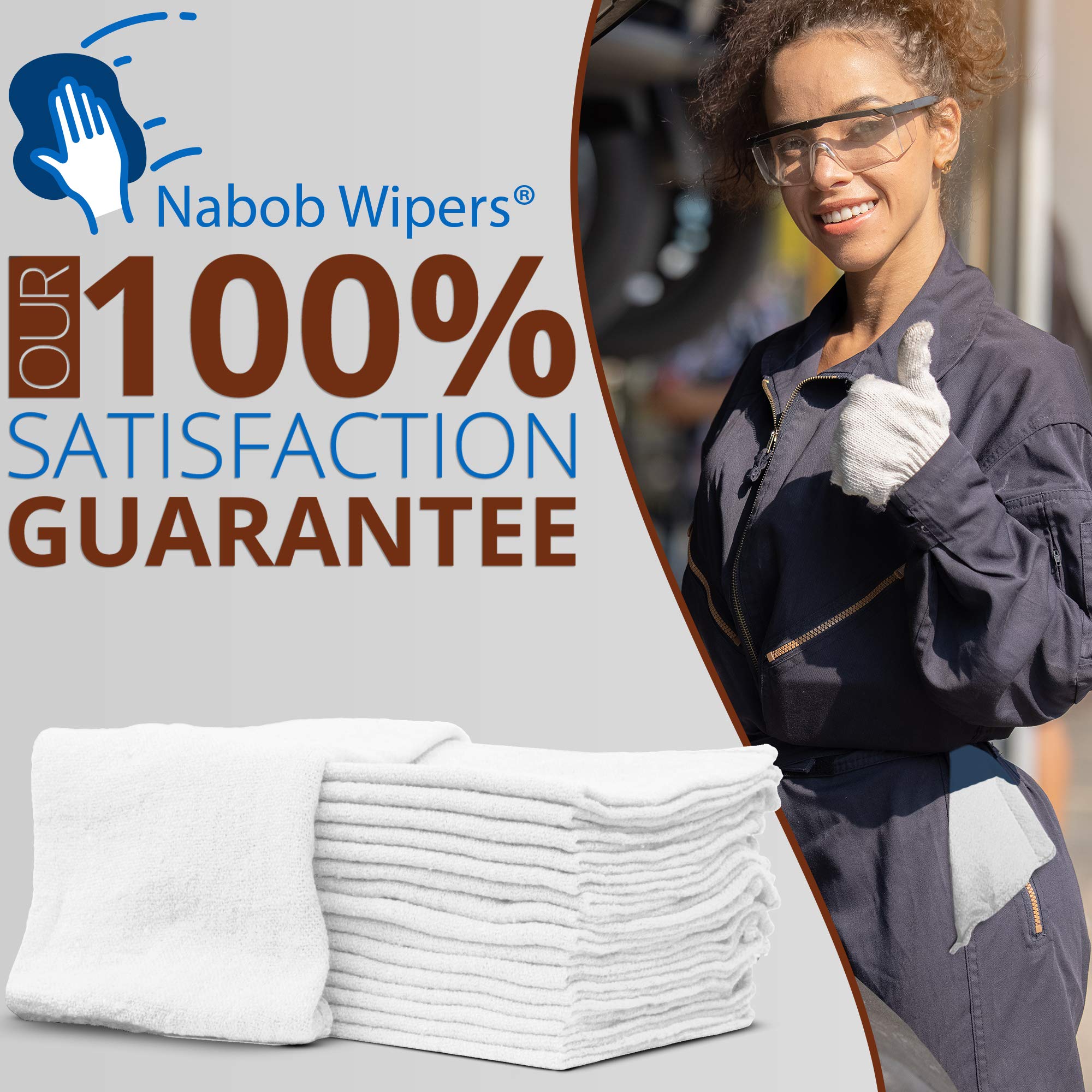 Nabob Wipers Auto Mechanic Shop Towels 100 Pack Shop Rags 100% Cotton Size 14''X14'' Commercial Grade  (100  Pack,  White)