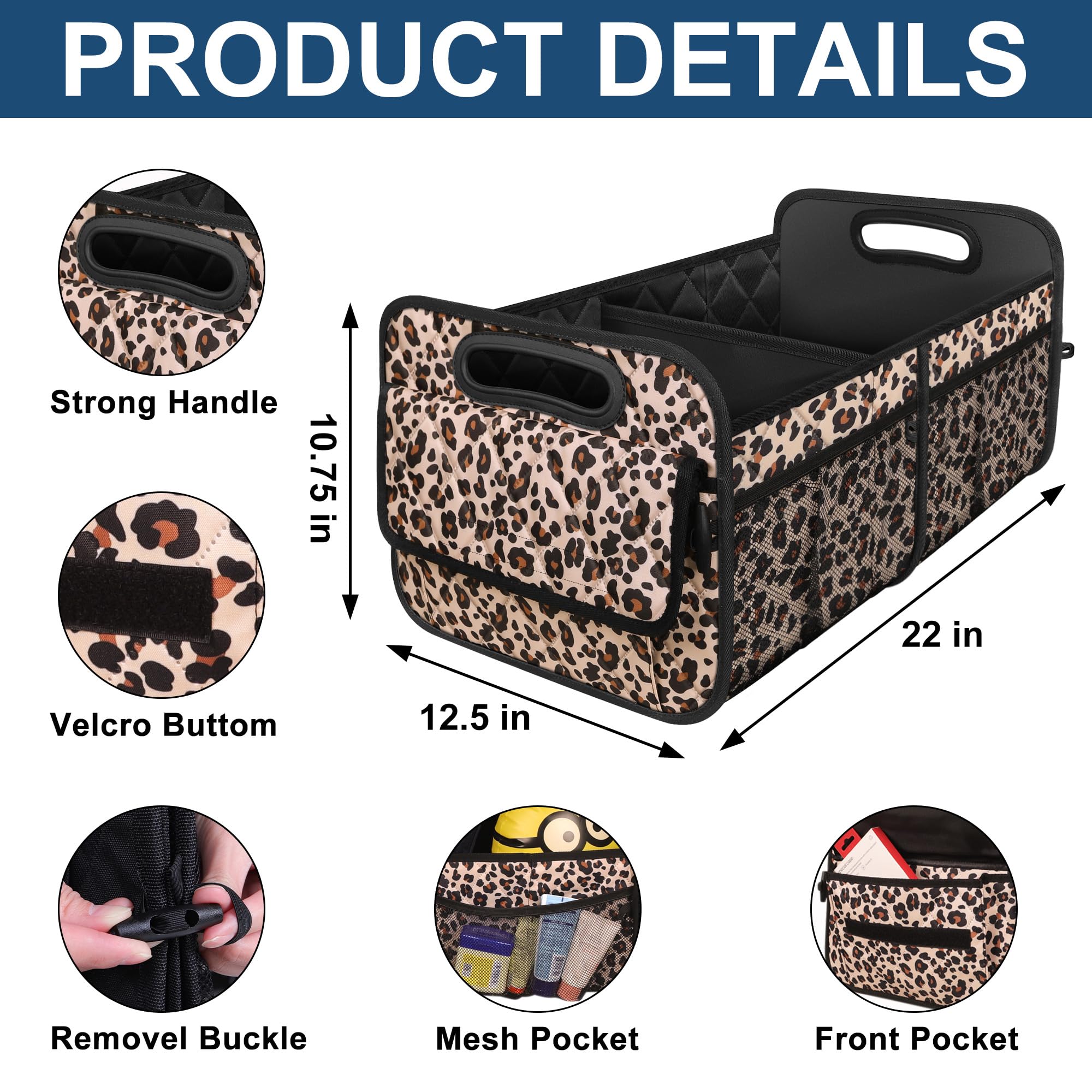 Deosk Car Trunk Organizer, 50L Waterproof Polyester, Medium Size, Leopard Print, 6 Pockets for SUV/Minivan/Truck