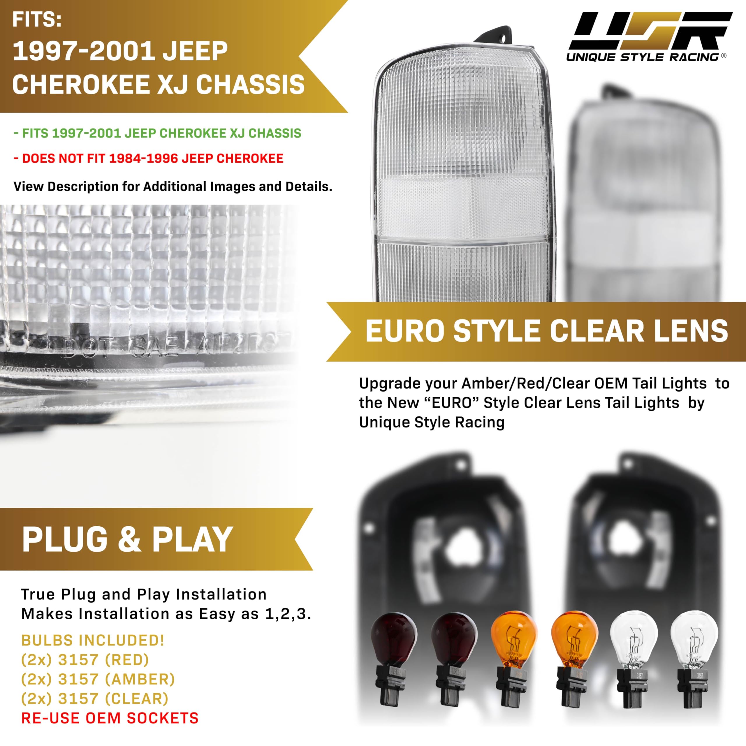 USR 97-01 Cherokee XJ Tail Light Assembly - Left + Right Pair, All Clear Lens with Bulbs for 1997-2001 Jeep Cherokee XJ SUV