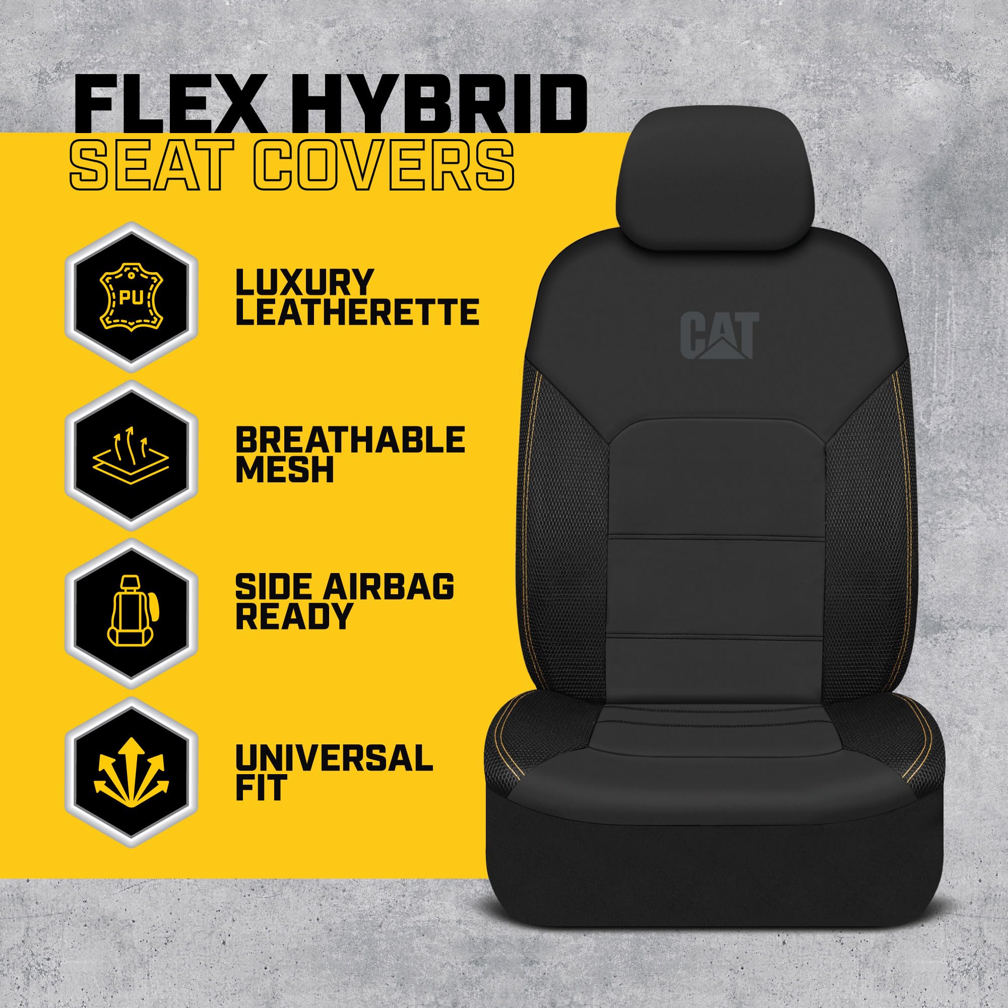 CAT FlexHybrid Car Seat Covers, Premium Faux Leather & Mesh, Black, Universal Fit for Cars, Trucks, SUVs, Model CASC-2434-BK