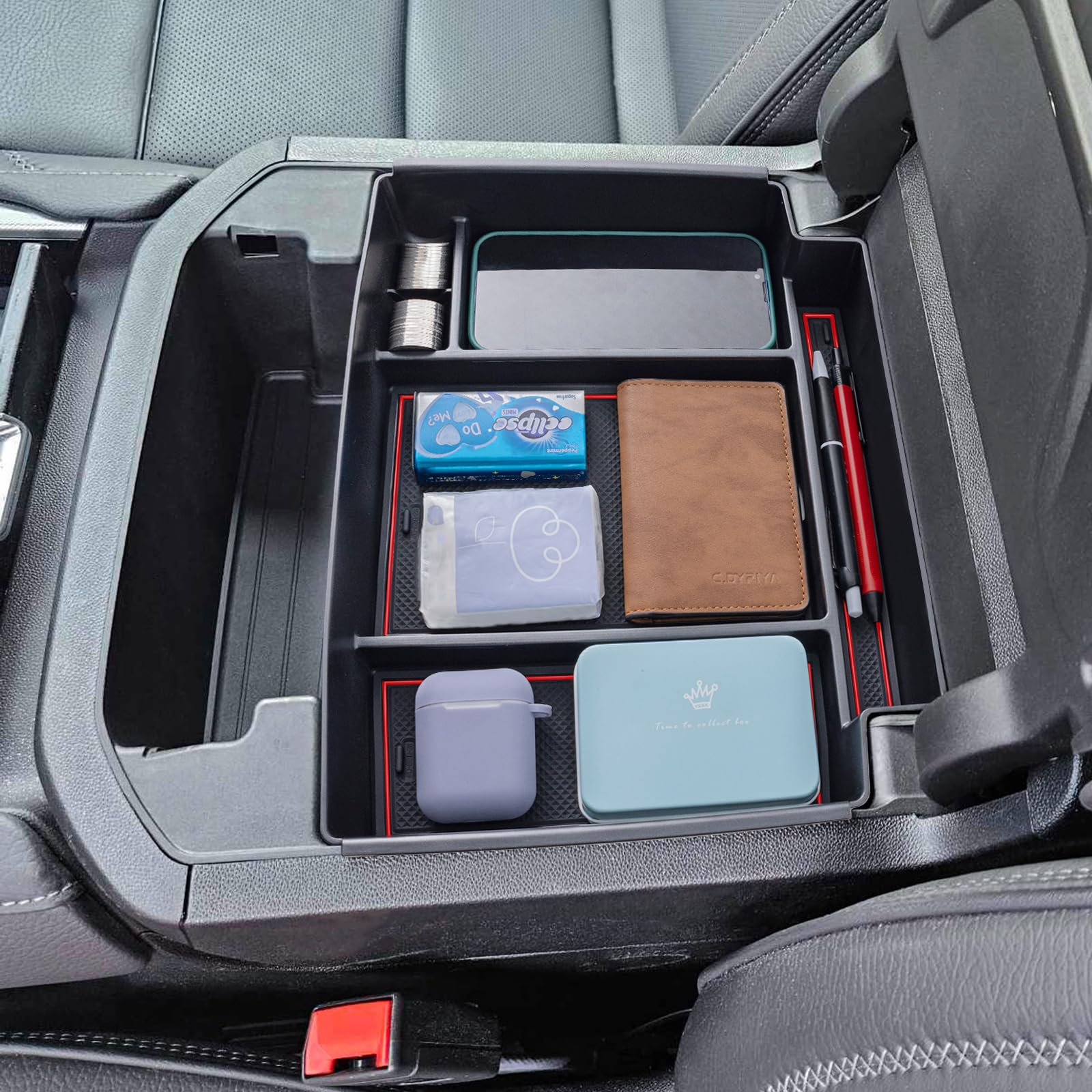 Topinstall Red Power-Sliding Console Tray Compatible With 2021-2025 Chevy Tahoe/Suburban/Gmc Yukon Accessories, Full-Size Armres