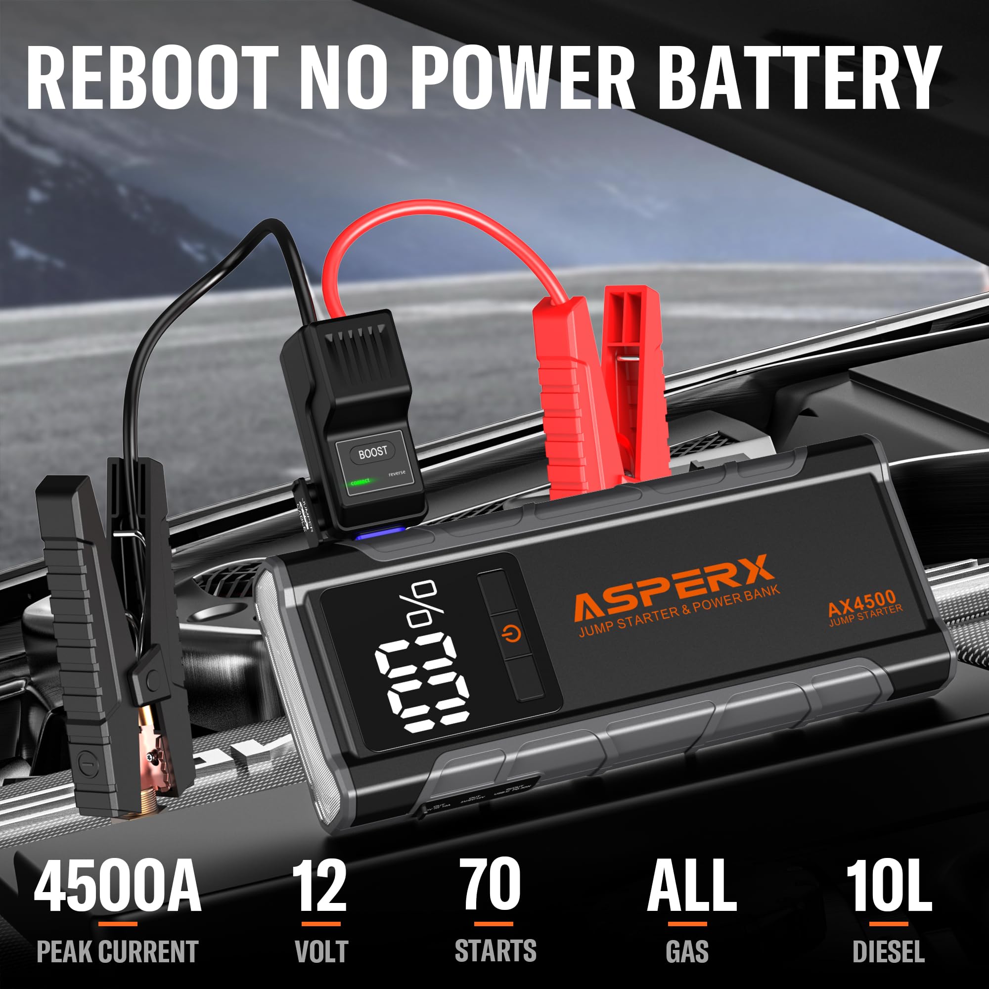 AsperX AX4500 Jump Starter - 4500A Peak, 12V Lithium Battery Booster, Grey, for Gas & Diesel Engines