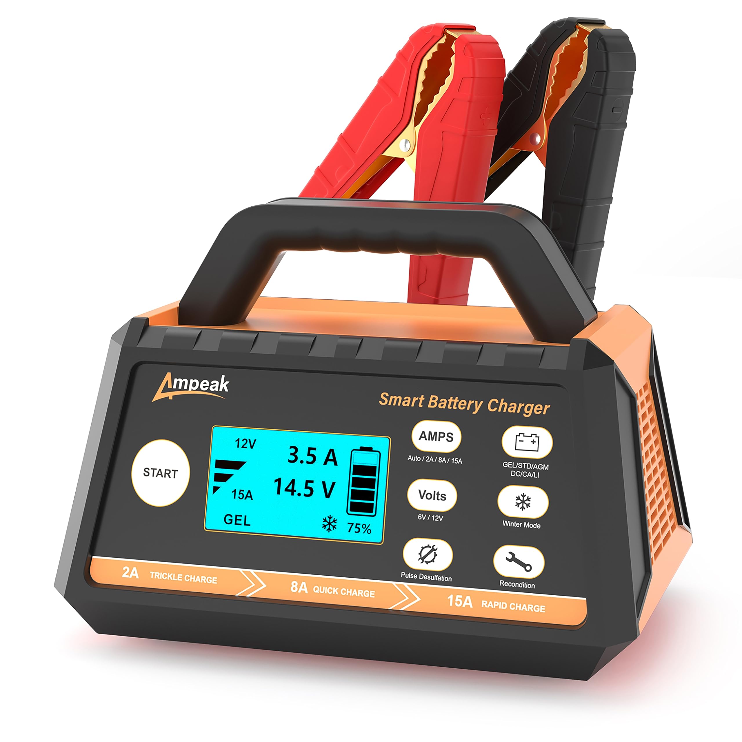 Ampeak Battery Charger,2A/8A/15A Car Battery Charger,6V/12V Fully Automatic Smart Battery Maintainer With Winter Mode, Auto Desulfator, Battery Recondition, For All Lead-Acid And Lifepo4 Batteries
