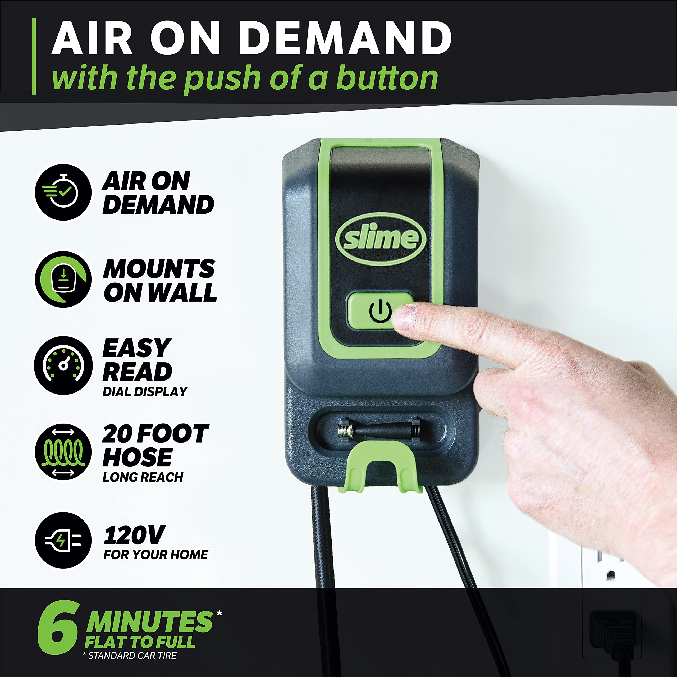 Slime 40070 Inflator, Compressor, Garage Inflation Station, Wall Mounted, 120V, For Cars, Bikes and Accessories