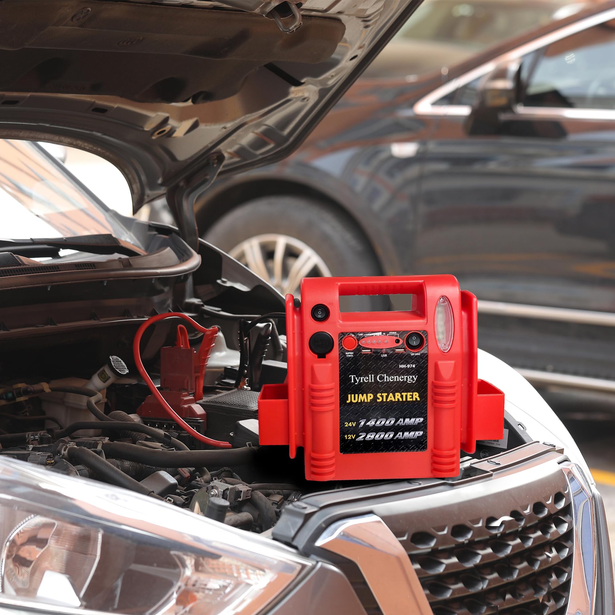 Tyrell Chenergy 12V/24V Jump Starter, 2800A Peak, Heavy Duty Booster Pack, Model HH974, Includes Dual USB & DC Ports