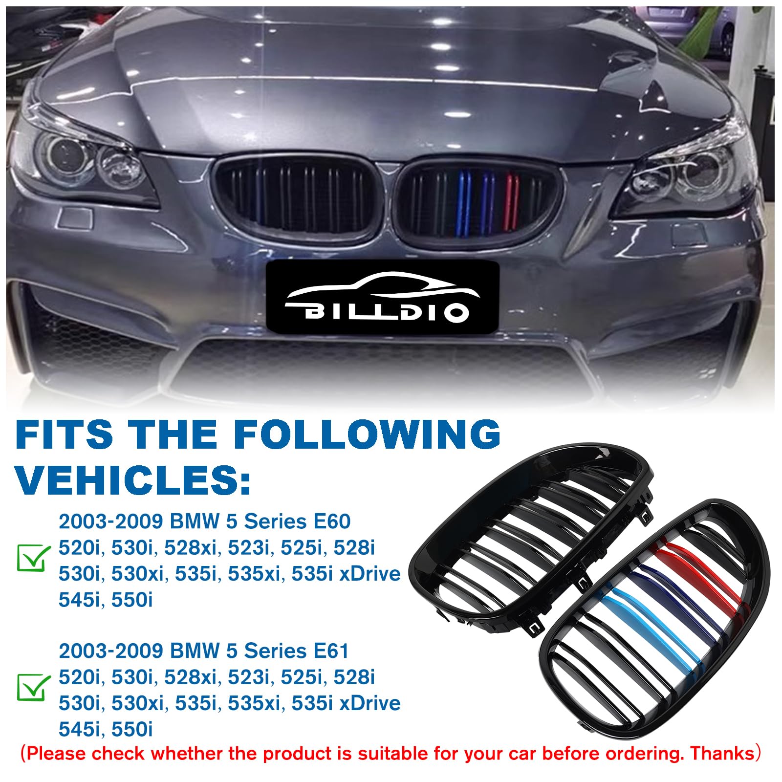 BILLDIO E60 Front Kidney Grille - Double Slats, Plastic, Compatible with 2003-2009 BMW 5 Series 520i-550i, M Color