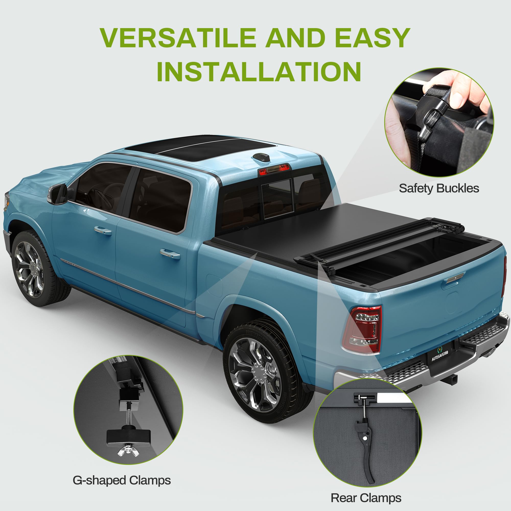 AUTOSAVER88 Soft Quad-fold Tonneau Cover for 2007-2026 Chevy Silverado/GMC Sierra 1500, 5.8 ft Bed, Black, Model MAAUTG