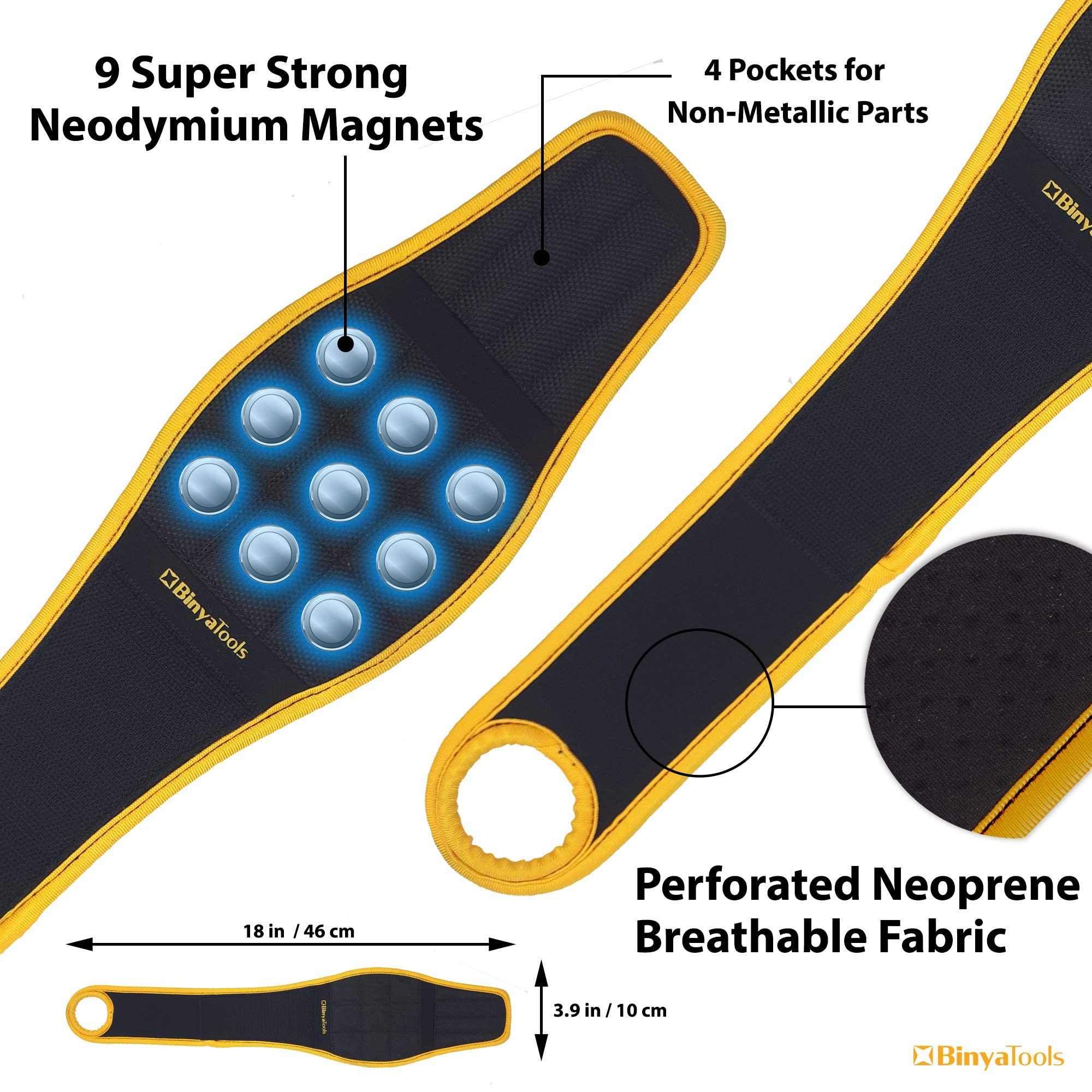 Binyatools Magnetic Wristband -Black- With Super Strong Magnets Holds Screws, Nails, Drill Bit Unique Wrist Support Design Cool