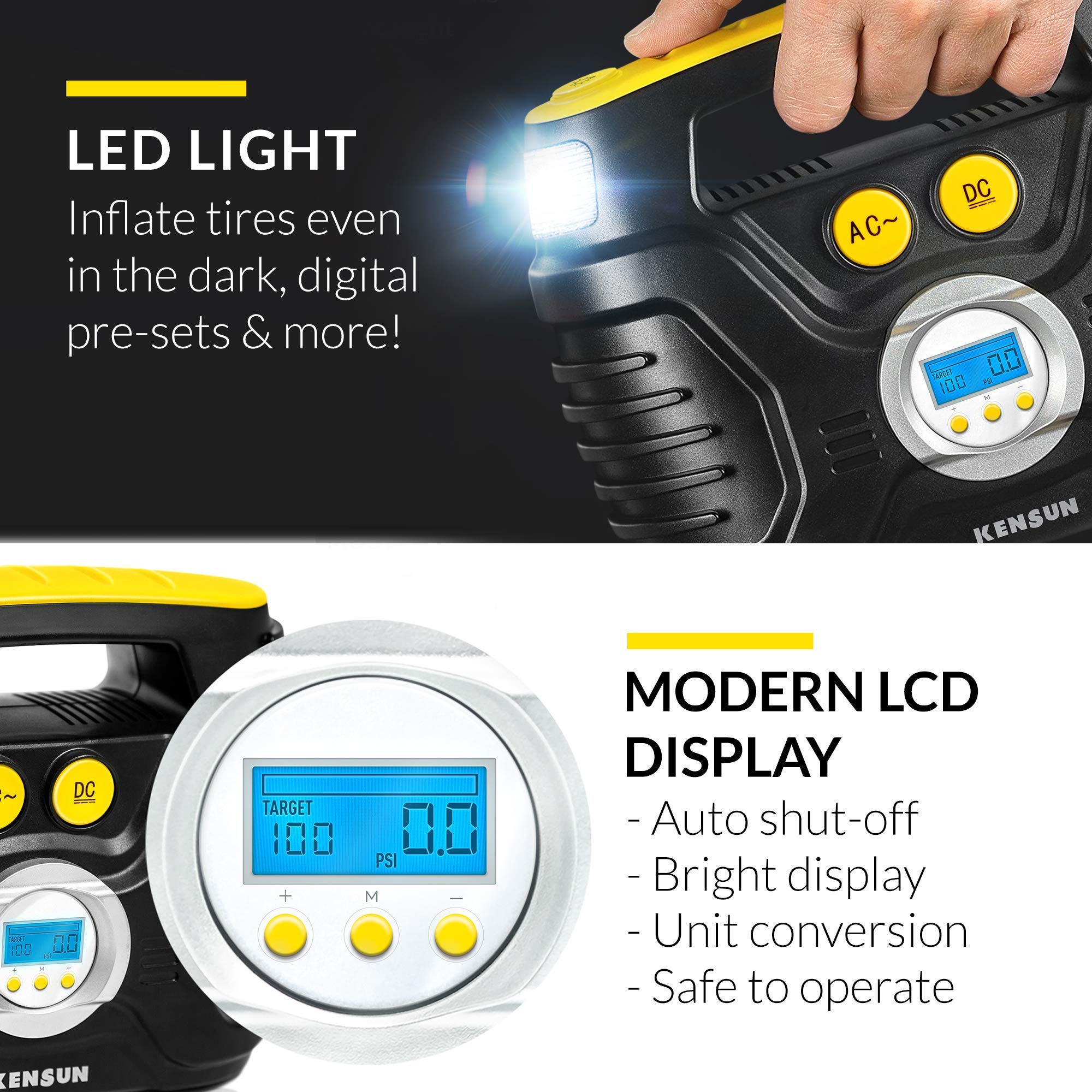 Kensun Portable AC/DC Tire Inflator Pump - 12V DC & 110V AC, Black & Yellow, Metal, Model Kensun-KC-I-Comp
