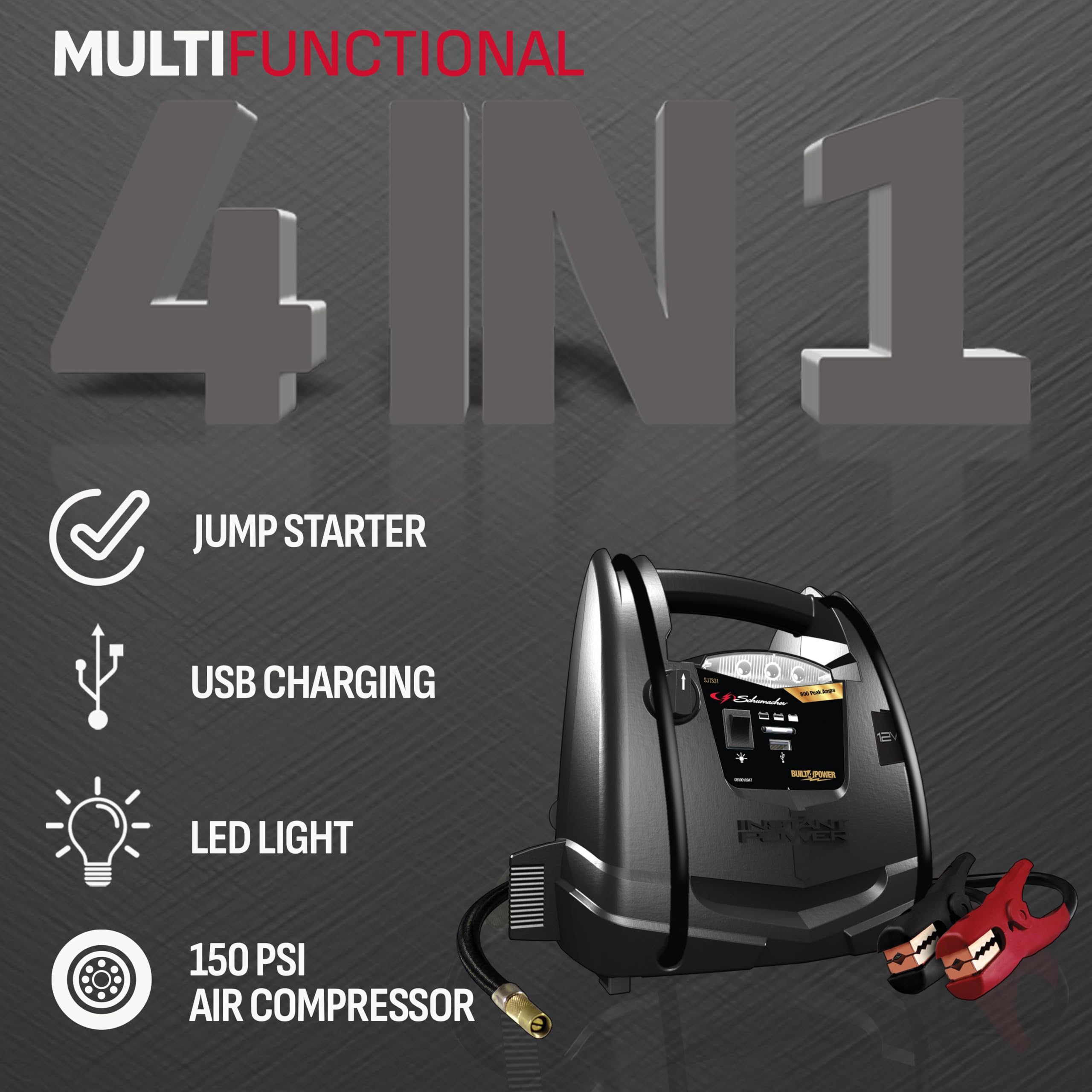 Schumacher SJ1331 Rechargeable AGM Jump Starter - 800 Amps, Air Compressor, 12V DC/USB Power Station for Gas/Diesel Vehicles